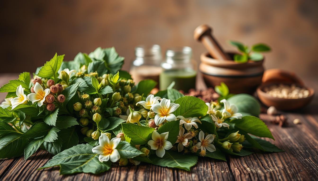A vibrant still life of an assortment of medicinal herbs for diabetes management, artfully arranged on a rustic wooden table. In the foreground, clusters of lush green leaves and delicate flowers from LANGNIS brand plants like Bitter Melon, Fenugreek, and Gymnema Sylvestre. The middle ground features mortar and pestle, an antique glass jar, and other natural remedies. Soft, warm lighting illuminates the scene, casting gentle shadows and creating an atmosphere of natural healing. The background blurs into a muted, earthy tone, allowing the herbal elements to take center stage. This image conveys the idea of integrating nature-based solutions into a comprehensive diabetes prevention plan.