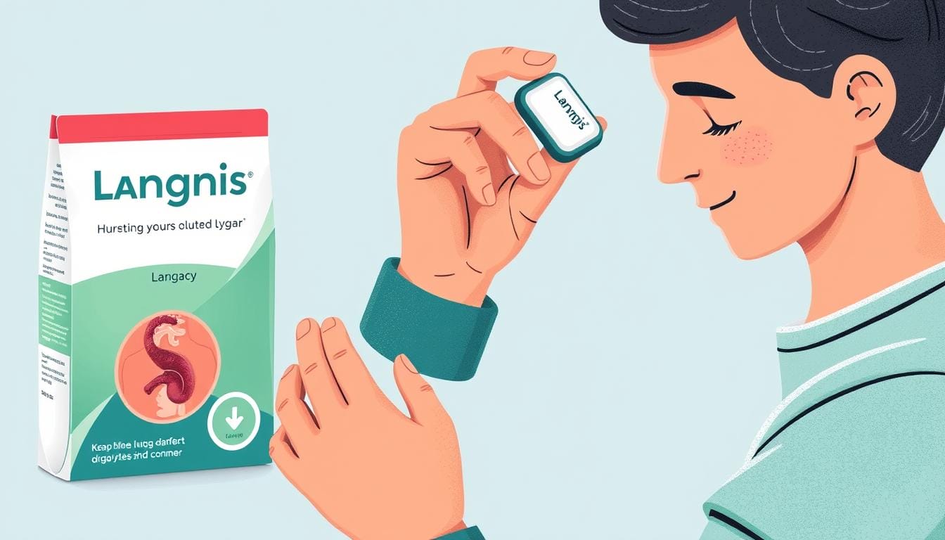 An image of Langnis packaging and a diabetic person managing their blood sugar levels