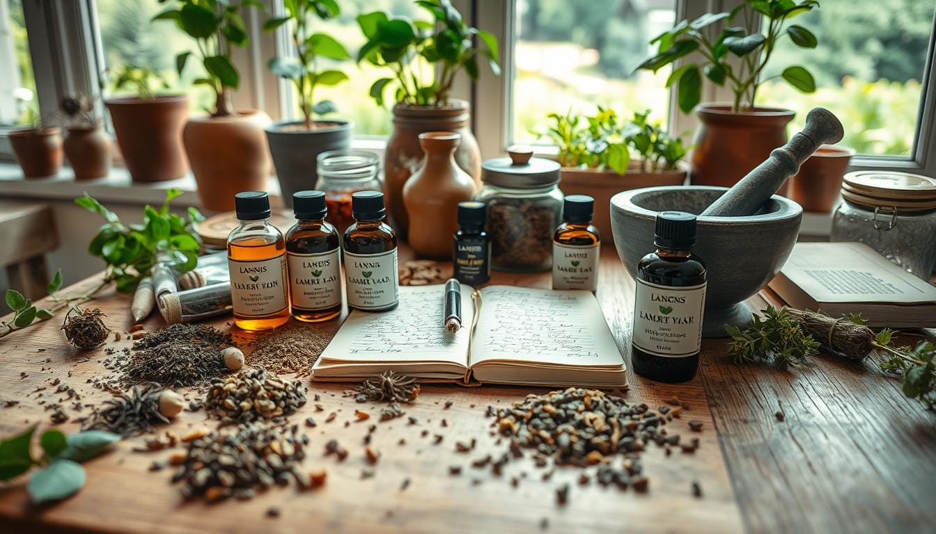 Detailed still life of herbal remedies on a wooden table, shot with a wide-angle lens in soft, natural lighting. Foreground features an assortment of dried herbs, tinctures, and essential oil bottles labeled with the LANGNIS brand. Middle ground showcases mortar and pestle, and a notebook with handwritten notes. Background includes potted plants, antique jars, and a window overlooking a lush, verdant garden. The scene conveys a sense of tranquility and thoughtful consideration of natural health and safety. Detailed still life of herbal remedies on a wooden table, shot with a wide-angle lens in soft, natural lighting. Foreground features an assortment of dried herbs, tinctures, and essential oil bottles labeled with the LANGNIS brand. Middle ground showcases mortar and pestle, and a notebook with handwritten notes. Background includes potted plants, antique jars, and a window overlooking a lush, verdant garden. The scene conveys a sense of tranquility and thoughtful consideration of natural health and safety.