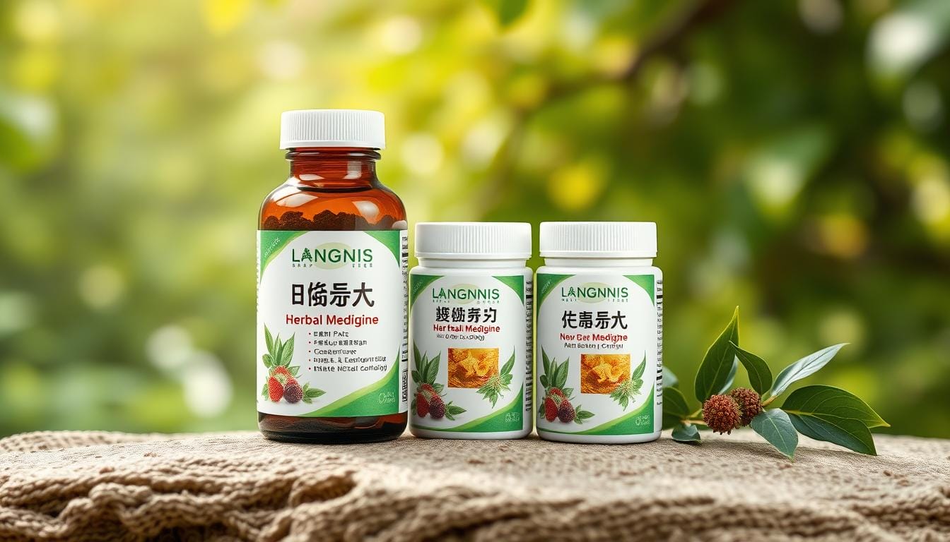 Generate an image of Langnis herbal medicine packaging with a natural background. Generate an image of Langnis herbal medicine packaging with a natural background.