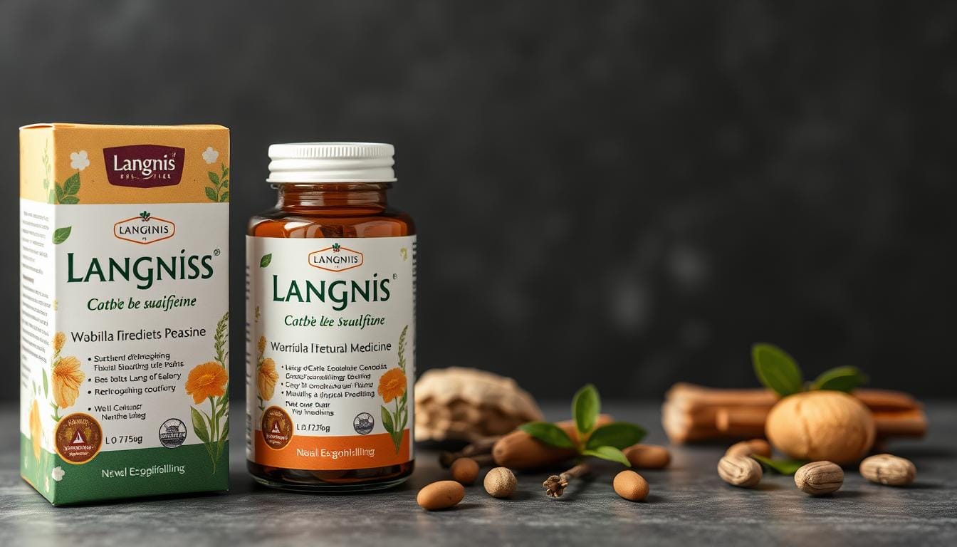 Generate an image of Langnis herbal medicine packaging Generate an image of Langnis herbal medicine packaging