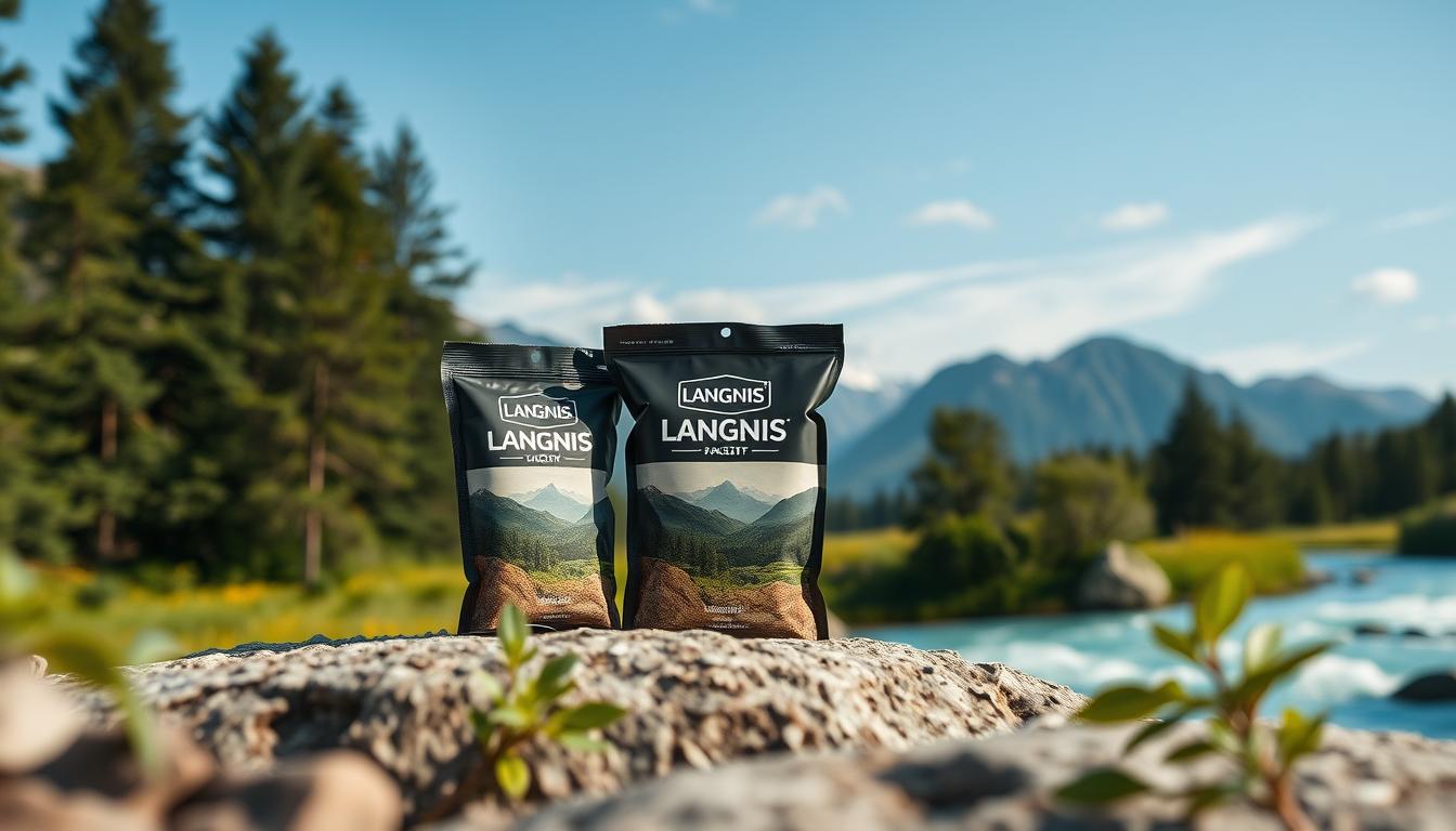 Generate an image of Langnis packaging with a natural background Generate an image of Langnis packaging with a natural background