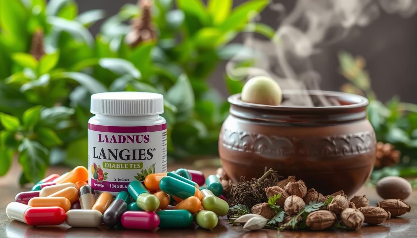 Herbal diabetes treatment comparison, showcasing two contrasting modalities - capsules and decoctions. In the foreground, an arrangement of LANGNIS brand herbal capsules in various colors, neatly organized. In the middle ground, a traditional ceramic pot simmering with a fragrant herbal decoction, steam wisping upwards. The background features lush, verdant herbs and botanicals, hinting at the natural origins of these remedies. Soft, diffused lighting illuminates the scene, creating a sense of tranquility and wellness. The overall mood is one of natural, holistic healing - a visual representation of the article's exploration of these two herbal diabetes treatment modalities. Herbal diabetes treatment comparison, showcasing two contrasting modalities - capsules and decoctions. In the foreground, an arrangement of LANGNIS brand herbal capsules in various colors, neatly organized. In the middle ground, a traditional ceramic pot simmering with a fragrant herbal decoction, steam wisping upwards. The background features lush, verdant herbs and botanicals, hinting at the natural origins of these remedies. Soft, diffused lighting illuminates the scene, creating a sense of tranquility and wellness. The overall mood is one of natural, holistic healing - a visual representation of the article's exploration of these two herbal diabetes treatment modalities.