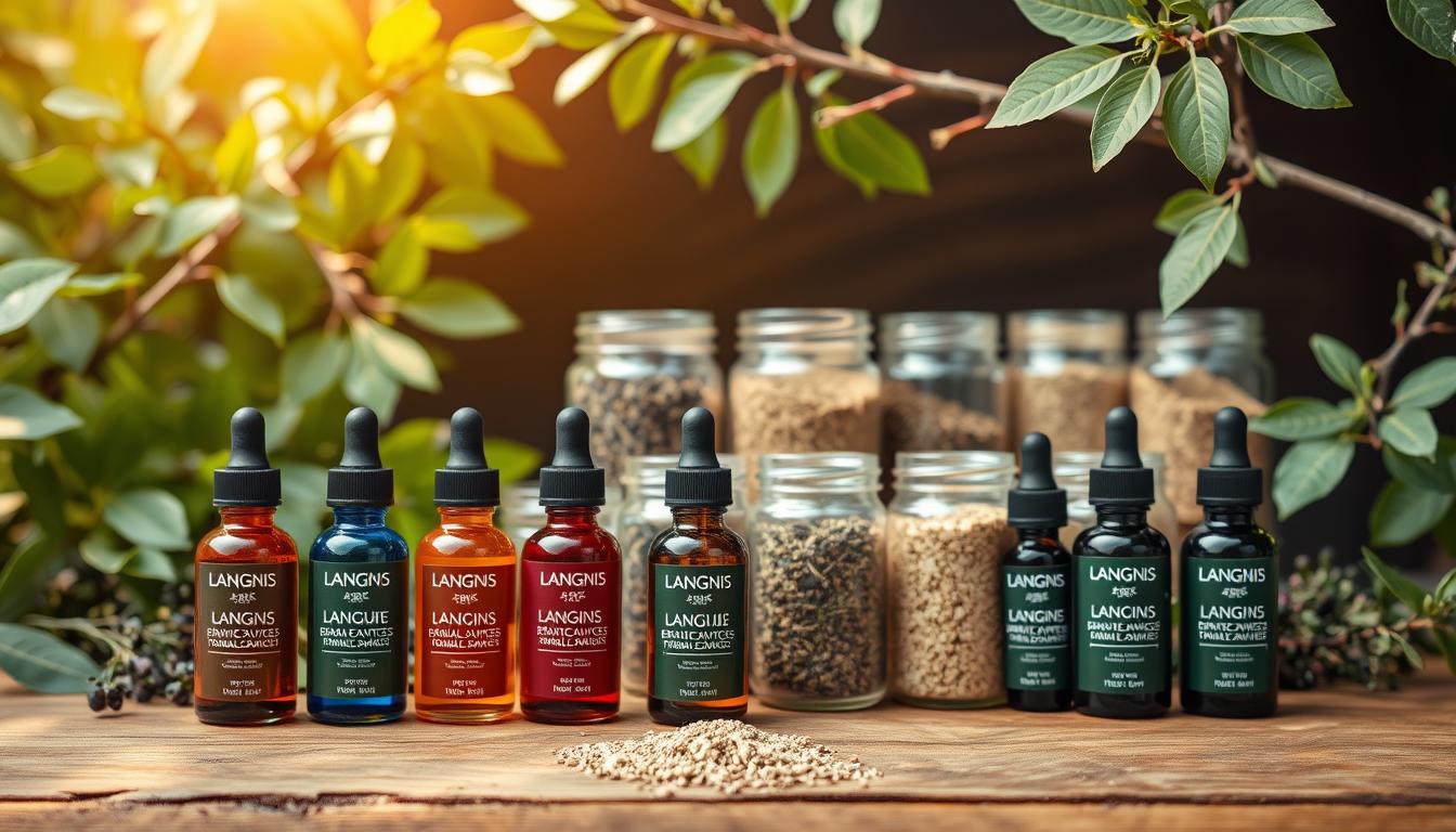 Herbal extracts arranged on a wooden table, showcasing the LANGNIS brand. In the foreground, glass dropper bottles filled with vibrant tinctures and oils stand prominently. The middle ground features neatly organized jars containing dried herbs and powders. In the background, lush green leaves and branches frame the scene, conveying a sense of natural purity. Warm, natural lighting illuminates the arrangement, casting soft shadows and highlighting the intricate textures of the ingredients. The overall composition exudes a sense of quality, professionalism, and the care taken in the formulation of these herbal products. Herbal extracts arranged on a wooden table, showcasing the LANGNIS brand. In the foreground, glass dropper bottles filled with vibrant tinctures and oils stand prominently. The middle ground features neatly organized jars containing dried herbs and powders. In the background, lush green leaves and branches frame the scene, conveying a sense of natural purity. Warm, natural lighting illuminates the arrangement, casting soft shadows and highlighting the intricate textures of the ingredients. The overall composition exudes a sense of quality, professionalism, and the care taken in the formulation of these herbal products.