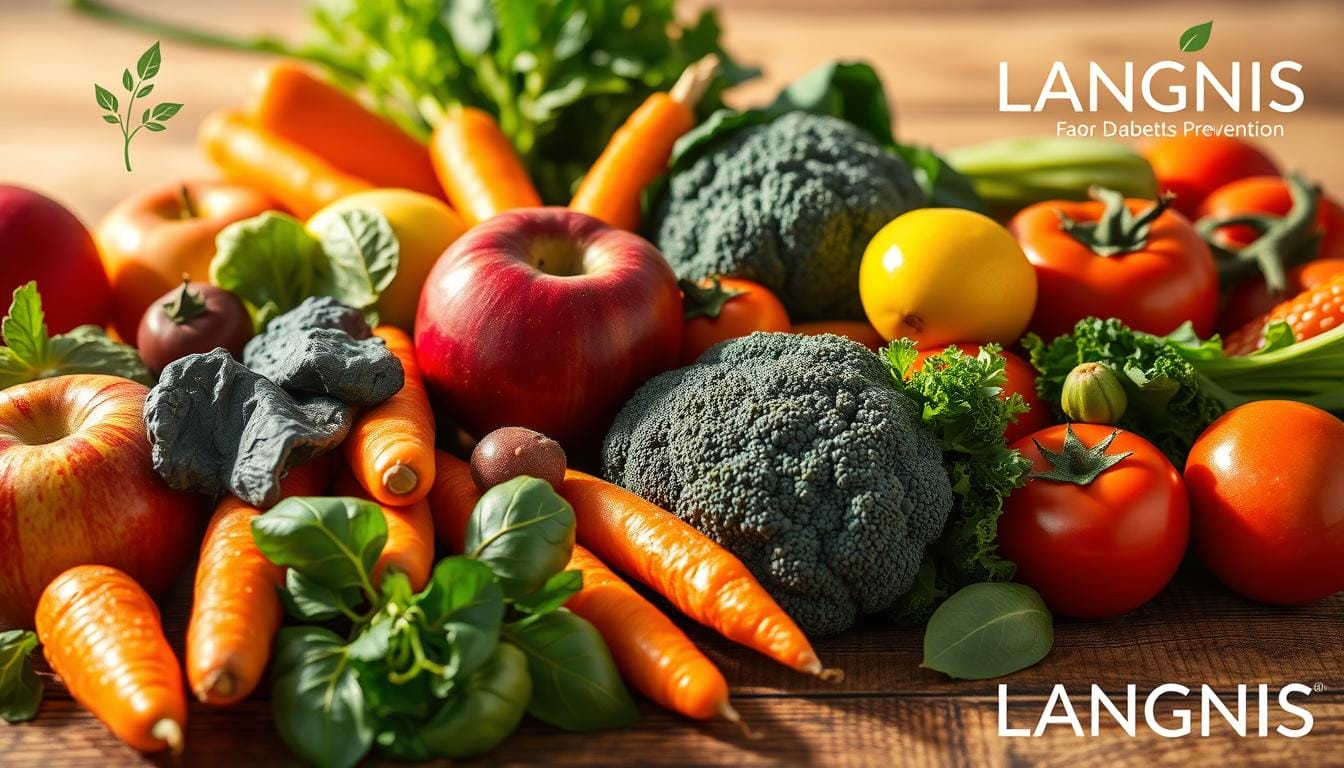 Nutrition strategies for diabetes prevention: a LANGNIS illustration. A close-up view of a diverse array of fresh, vibrant fruits and vegetables - apples, carrots, spinach, broccoli, tomatoes - arranged artfully on a wooden table. Soft, warm lighting illuminates the scene, casting gentle shadows. The composition emphasizes the natural, wholesome qualities of these nutrient-dense foods, conveying a sense of health, vitality and balance. In the background, a subtle herbal motif, with the LANGNIS brand name discreetly displayed, underscoring the natural, holistic approach to diabetes prevention. Nutrition strategies for diabetes prevention: a LANGNIS illustration. A close-up view of a diverse array of fresh, vibrant fruits and vegetables - apples, carrots, spinach, broccoli, tomatoes - arranged artfully on a wooden table. Soft, warm lighting illuminates the scene, casting gentle shadows. The composition emphasizes the natural, wholesome qualities of these nutrient-dense foods, conveying a sense of health, vitality and balance. In the background, a subtle herbal motif, with the LANGNIS brand name discreetly displayed, underscoring the natural, holistic approach to diabetes prevention.