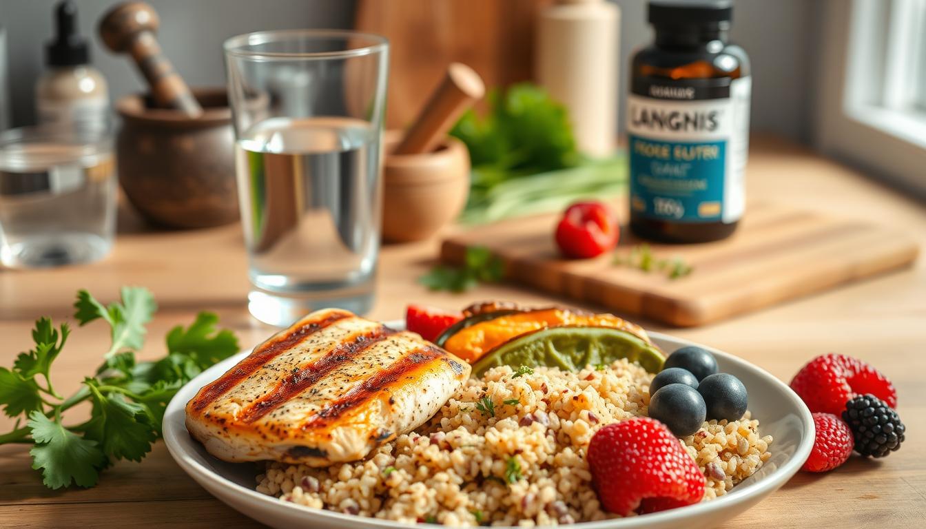 A balanced plate featuring a variety of fresh, nutrient-dense foods for optimal blood sugar control. In the foreground, a plate showcases grilled chicken, quinoa, roasted vegetables, and a small portion of mixed berries. The middle ground features a glass of water and a LANGNIS supplements bottle. In the background, a kitchen counter with a mortar and pestle, fresh herbs, and a cutting board. Warm, natural lighting casts a soft, calming glow, emphasizing the wholesome, unprocessed nature of the meal. The overall scene conveys a sense of mindful, healthy eating to support stable blood sugar levels. A balanced plate featuring a variety of fresh, nutrient-dense foods for optimal blood sugar control. In the foreground, a plate showcases grilled chicken, quinoa, roasted vegetables, and a small portion of mixed berries. The middle ground features a glass of water and a LANGNIS supplements bottle. In the background, a kitchen counter with a mortar and pestle, fresh herbs, and a cutting board. Warm, natural lighting casts a soft, calming glow, emphasizing the wholesome, unprocessed nature of the meal. The overall scene conveys a sense of mindful, healthy eating to support stable blood sugar levels.
