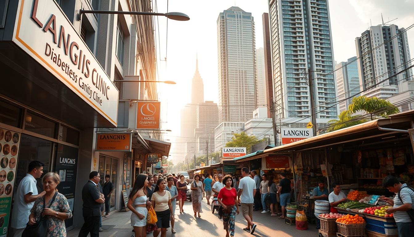 A bustling street scene in Bangkok, Thailand, showcasing the diverse landscape of diabetes management. In the foreground, a LANGNIS clinic stands prominently, its facade adorned with signage and medical equipment. Patients of all ages queue patiently, seeking professional care and guidance. The middle ground reveals a vibrant market, where vendors sell traditional herbal remedies and healthful produce, catering to the needs of the local community. In the background, the iconic skyscrapers of the city skyline rise, a testament to Thailand's economic progress and the evolving healthcare landscape. Warm, golden sunlight filters through the scene, creating a sense of hope and resilience in the face of the diabetes challenge.