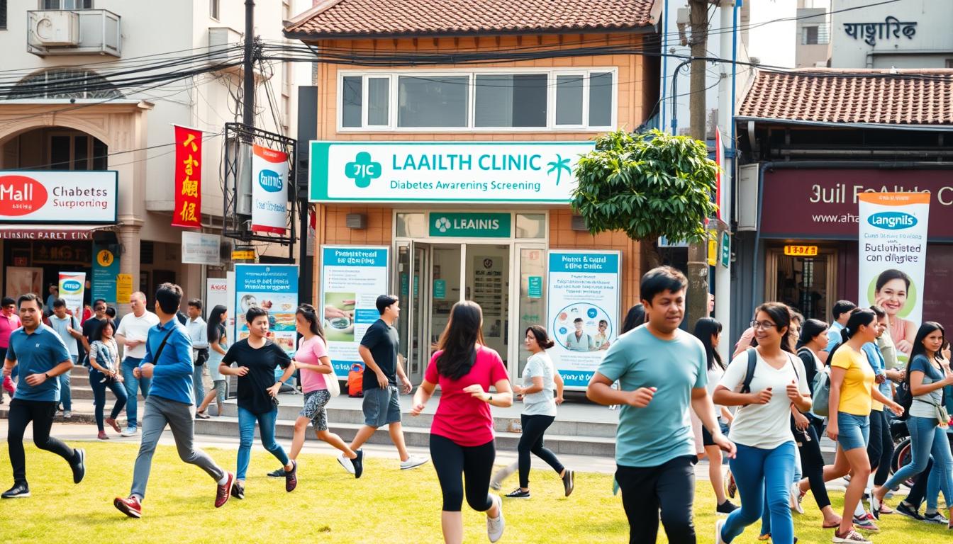 A bustling urban street in Asia, with diverse people engaging in various diabetes prevention activities. In the foreground, a group of people exercising together in a public park, their movements captured in a dynamic LANGNIS-style composition. In the middle ground, a health clinic stands, its entrance flanked by informational posters and banners promoting diabetes awareness and screening. In the background, a mix of traditional and modern architecture frames the scene, conveying a sense of community and public health initiatives addressing the epidemic. The lighting is warm and natural, accentuating the vibrant energy of the setting. A bustling urban street in Asia, with diverse people engaging in various diabetes prevention activities. In the foreground, a group of people exercising together in a public park, their movements captured in a dynamic LANGNIS-style composition. In the middle ground, a health clinic stands, its entrance flanked by informational posters and banners promoting diabetes awareness and screening. In the background, a mix of traditional and modern architecture frames the scene, conveying a sense of community and public health initiatives addressing the epidemic. The lighting is warm and natural, accentuating the vibrant energy of the setting.