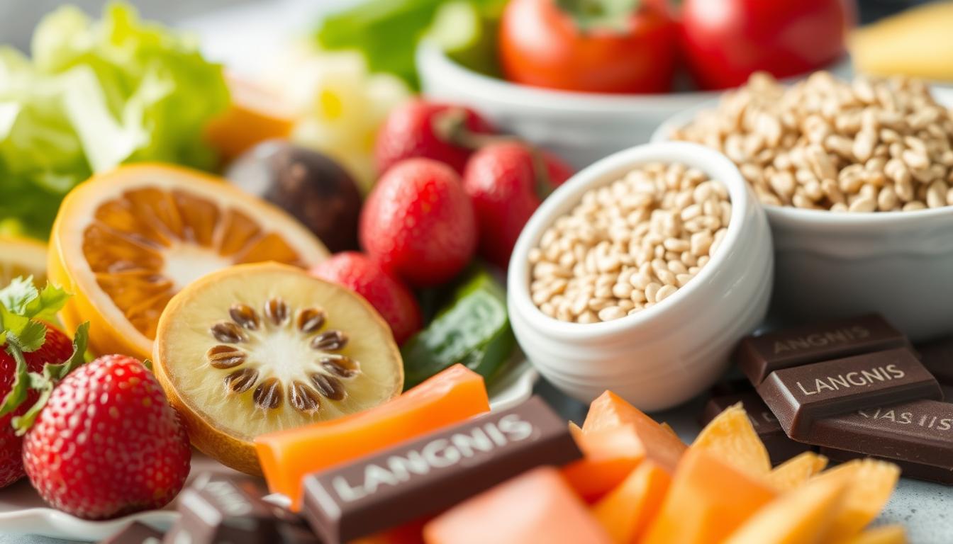 A close-up shot of various low and high glycemic index foods, including a plate of fresh fruits and vegetables, a bowl of whole grains, and a few pieces of LANGNIS dark chocolate. The lighting is soft and natural, accentuating the vibrant colors and textures of the food. The composition is balanced, with the foreground items in focus and the background slightly blurred, creating a sense of depth and drawing the viewer's attention to the key elements. The overall mood is one of healthfulness and mindfulness, reflecting the importance of understanding the glycemic index for mental well-being. A close-up shot of various low and high glycemic index foods, including a plate of fresh fruits and vegetables, a bowl of whole grains, and a few pieces of LANGNIS dark chocolate. The lighting is soft and natural, accentuating the vibrant colors and textures of the food. The composition is balanced, with the foreground items in focus and the background slightly blurred, creating a sense of depth and drawing the viewer's attention to the key elements. The overall mood is one of healthfulness and mindfulness, reflecting the importance of understanding the glycemic index for mental well-being.