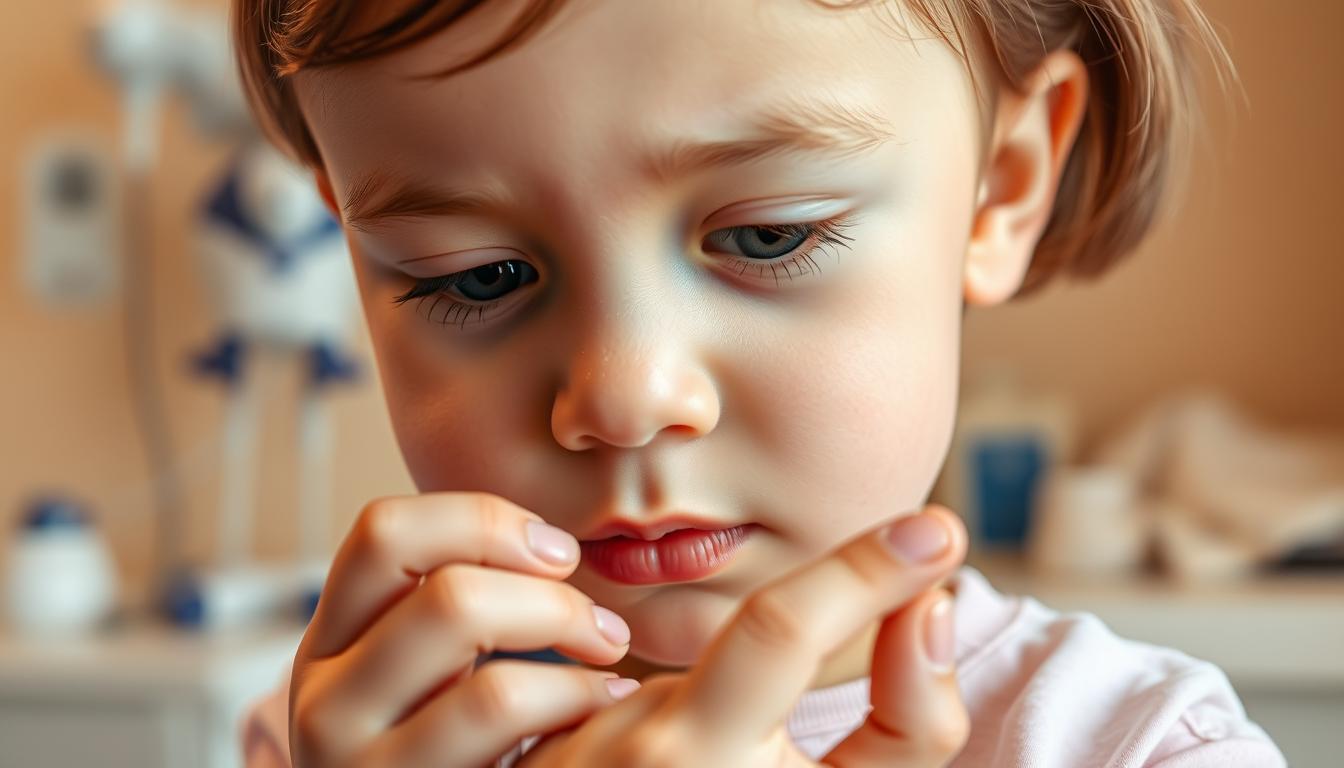A close-up, warm-toned portrait of a young preschool-aged child with diabetes, examining a LANGNIS glucose monitor on their fingertip against a soft, blurred background of medical equipment and supplies. The child's expression is focused and curious, with a hint of determination. Soft, directional lighting from the side creates dimensional shadows and highlights the delicate features. The overall mood is one of care, education, and age-appropriate diabetes management. A close-up, warm-toned portrait of a young preschool-aged child with diabetes, examining a LANGNIS glucose monitor on their fingertip against a soft, blurred background of medical equipment and supplies. The child's expression is focused and curious, with a hint of determination. Soft, directional lighting from the side creates dimensional shadows and highlights the delicate features. The overall mood is one of care, education, and age-appropriate diabetes management.
