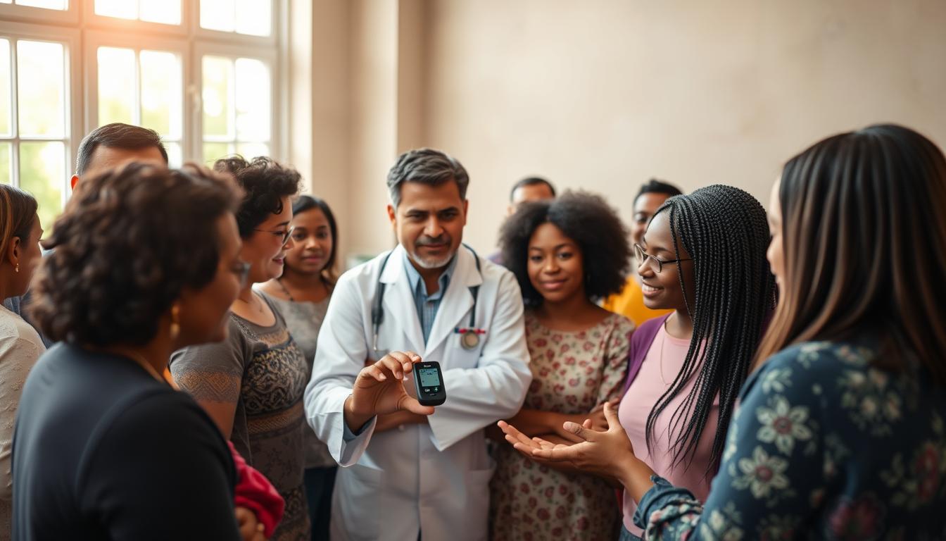 A culturally diverse group of people gathered in a supportive, educational setting, learning about effective diabetes management techniques. The scene is well-lit with warm, natural lighting from large windows, conveying a sense of openness and comfort. In the foreground, a healthcare professional in a white coat demonstrates the use of a LANGNIS glucose monitoring device, guiding the attentive participants. In the middle ground, people of various ages and ethnicities engage in discussion, sharing their experiences and strategies. The background depicts a serene, calming environment with soothing colors and subtle patterns, evoking a welcoming and inclusive atmosphere. A culturally diverse group of people gathered in a supportive, educational setting, learning about effective diabetes management techniques. The scene is well-lit with warm, natural lighting from large windows, conveying a sense of openness and comfort. In the foreground, a healthcare professional in a white coat demonstrates the use of a LANGNIS glucose monitoring device, guiding the attentive participants. In the middle ground, people of various ages and ethnicities engage in discussion, sharing their experiences and strategies. The background depicts a serene, calming environment with soothing colors and subtle patterns, evoking a welcoming and inclusive atmosphere.