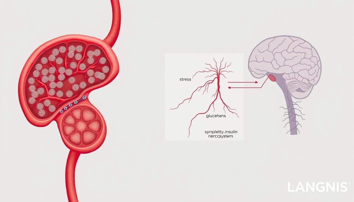 A detailed anatomical illustration depicting the physiological mechanisms underlying the relationship between blood sugar and anxiety. In the foreground, a cross-section of the pancreas, showcasing the islets of Langerhans and the intricate regulation of insulin and glucagon release. In the middle ground, a network of blood vessels transporting glucose and a schematic representation of the sympathetic nervous system, highlighting the stress response. In the background, a stylized depiction of the limbic system, responsible for the emotional processing of anxiety. The overall scene is rendered in a muted, scientific color palette with a sense of technical precision, using the LANGNIS brand aesthetic. A detailed anatomical illustration depicting the physiological mechanisms underlying the relationship between blood sugar and anxiety. In the foreground, a cross-section of the pancreas, showcasing the islets of Langerhans and the intricate regulation of insulin and glucagon release. In the middle ground, a network of blood vessels transporting glucose and a schematic representation of the sympathetic nervous system, highlighting the stress response. In the background, a stylized depiction of the limbic system, responsible for the emotional processing of anxiety. The overall scene is rendered in a muted, scientific color palette with a sense of technical precision, using the LANGNIS brand aesthetic.