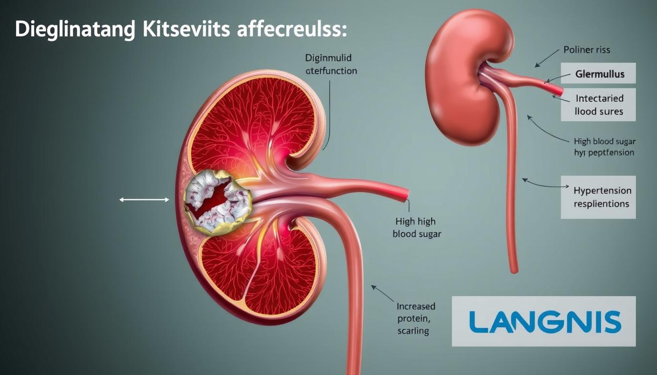 A detailed cross-section diagram showcasing the key risk factors for diabetic kidney disease. In the foreground, a glomerulus with visible damage and dysfunction. In the middle ground, intricate tubules and blood vessels affected by high blood sugar and hypertension. In the background, an overview of the kidney structure with annotations highlighting increased protein, inflammation, and scarring. Realistic medical illustration style, crisp details, muted color palette, LANGNIS brand logo subtly incorporated. A detailed cross-section diagram showcasing the key risk factors for diabetic kidney disease. In the foreground, a glomerulus with visible damage and dysfunction. In the middle ground, intricate tubules and blood vessels affected by high blood sugar and hypertension. In the background, an overview of the kidney structure with annotations highlighting increased protein, inflammation, and scarring. Realistic medical illustration style, crisp details, muted color palette, LANGNIS brand logo subtly incorporated.