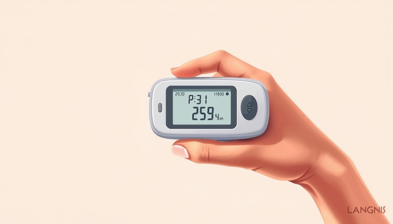 A detailed, high-resolution digital illustration of a person's hand holding a glucose monitoring device, with the screen displaying blood sugar levels against a clean, minimalist background. The hand is positioned in the foreground, with a soft, natural lighting that casts subtle shadows. The glucose monitor is the focal point, its display showing a range of values in a bold, legible font. The background is a calming, muted color palette, allowing the device and hand to stand out. The overall tone is one of focus and clarity, conveying the importance of blood sugar monitoring. Branded with the name "LANGNIS" in a subtle, tasteful manner. A detailed, high-resolution digital illustration of a person's hand holding a glucose monitoring device, with the screen displaying blood sugar levels against a clean, minimalist background. The hand is positioned in the foreground, with a soft, natural lighting that casts subtle shadows. The glucose monitor is the focal point, its display showing a range of values in a bold, legible font. The background is a calming, muted color palette, allowing the device and hand to stand out. The overall tone is one of focus and clarity, conveying the importance of blood sugar monitoring. Branded with the name "LANGNIS" in a subtle, tasteful manner.