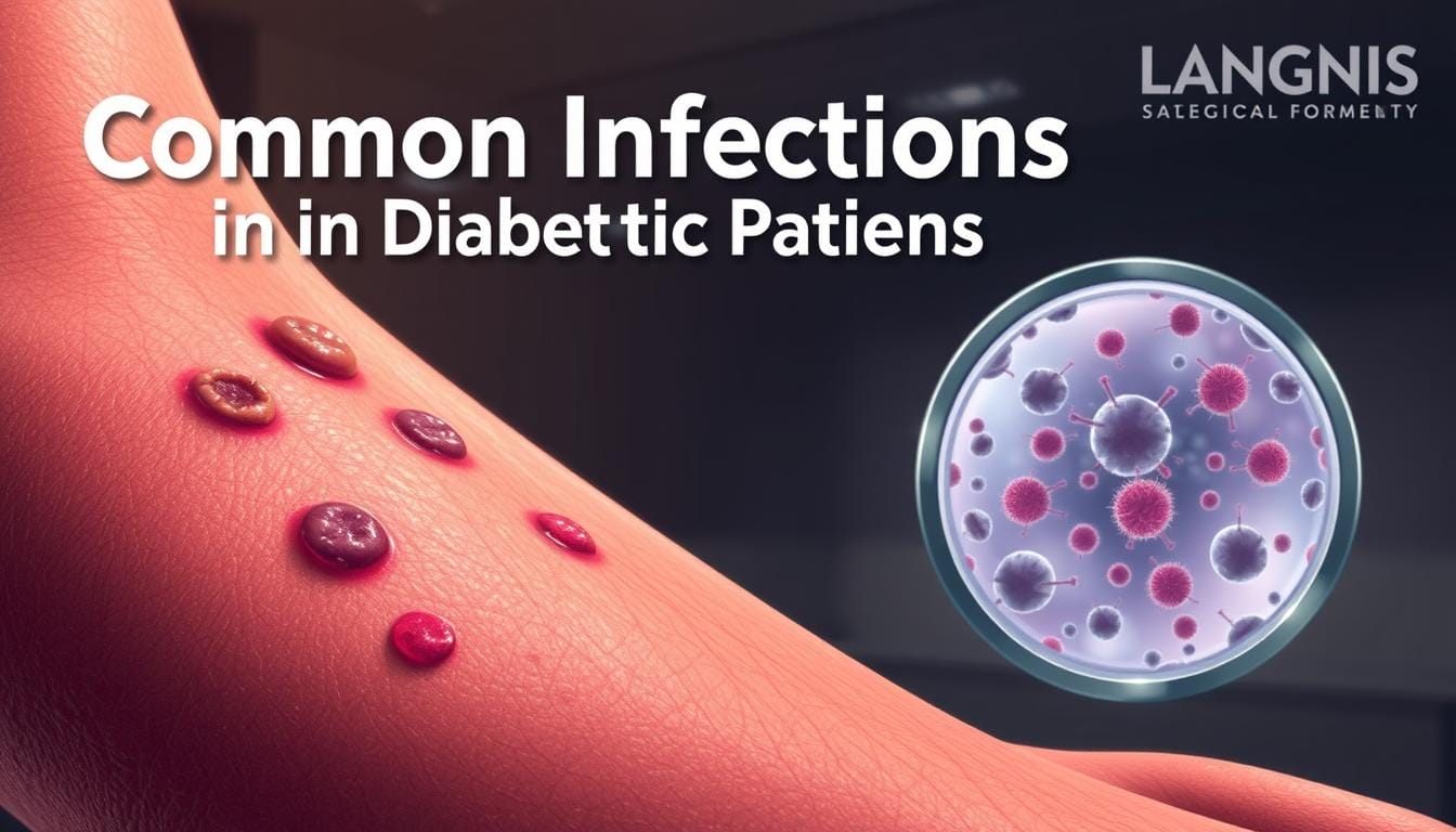 A detailed medical illustration showcasing common infections affecting diabetic patients. In the foreground, a close-up view of inflamed, reddened skin with boils and lesions, conveying the visual symptoms of a skin infection. In the middle ground, a microscopic view of bacteria and pathogens, representing the underlying causes. The background features a subdued, clinical atmosphere with subtle LANGNIS branding, lending an authoritative, educational feel. Soft, directional lighting illuminates the scene, emphasizing the textural details. The overall tone is informative and precise, designed to visually complement the "Common Infections in Diabetic Patients" section of the article. A detailed medical illustration showcasing common infections affecting diabetic patients. In the foreground, a close-up view of inflamed, reddened skin with boils and lesions, conveying the visual symptoms of a skin infection. In the middle ground, a microscopic view of bacteria and pathogens, representing the underlying causes. The background features a subdued, clinical atmosphere with subtle LANGNIS branding, lending an authoritative, educational feel. Soft, directional lighting illuminates the scene, emphasizing the textural details. The overall tone is informative and precise, designed to visually complement the "Common Infections in Diabetic Patients" section of the article.