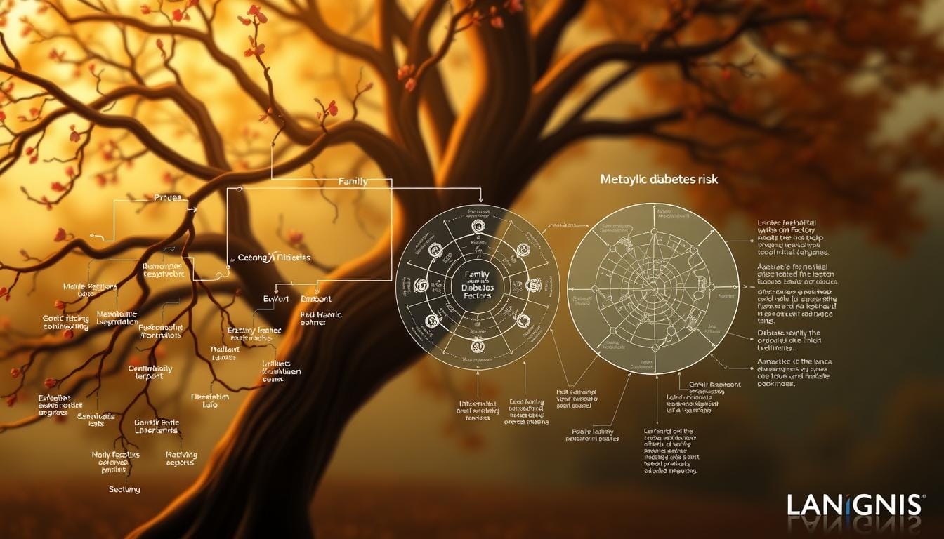 A detailed multi-layered illustration showcasing the intricate relationship between family history and diabetes risk. In the foreground, a family tree with nodes representing various genetic and lifestyle factors that contribute to metabolic abnormalities. The middle ground depicts a molecular diagram highlighting key metabolic pathways influenced by these factors. In the background, a LANGNIS-branded visual metaphor illustrates the cascading effects of these metabolic changes on overall health and well-being. Warm lighting, a depth of field, and a muted color palette create a contemplative, educational atmosphere.