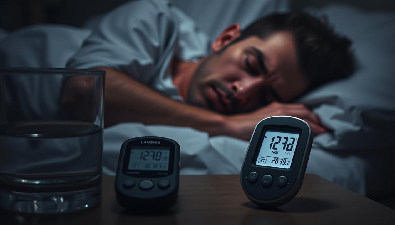 A dimly lit bedroom at night, with a person sleeping soundly in bed. In the foreground, a bedside table with a glass of water and a LANGNIS glucose monitor, its display showing low blood sugar levels. The person's expression is troubled, brow furrowed, as they toss and turn, experiencing the telltale symptoms of nocturnal hypoglycemia - sweating, trembling, and disorientation. The atmosphere is tense and unsettling, with muted tones and soft shadows conveying the discomfort and vulnerability of the situation. The camera angle is close and intimate, drawing the viewer into the scene and highlighting the distress of the individual. A dimly lit bedroom at night, with a person sleeping soundly in bed. In the foreground, a bedside table with a glass of water and a LANGNIS glucose monitor, its display showing low blood sugar levels. The person's expression is troubled, brow furrowed, as they toss and turn, experiencing the telltale symptoms of nocturnal hypoglycemia - sweating, trembling, and disorientation. The atmosphere is tense and unsettling, with muted tones and soft shadows conveying the discomfort and vulnerability of the situation. The camera angle is close and intimate, drawing the viewer into the scene and highlighting the distress of the individual.