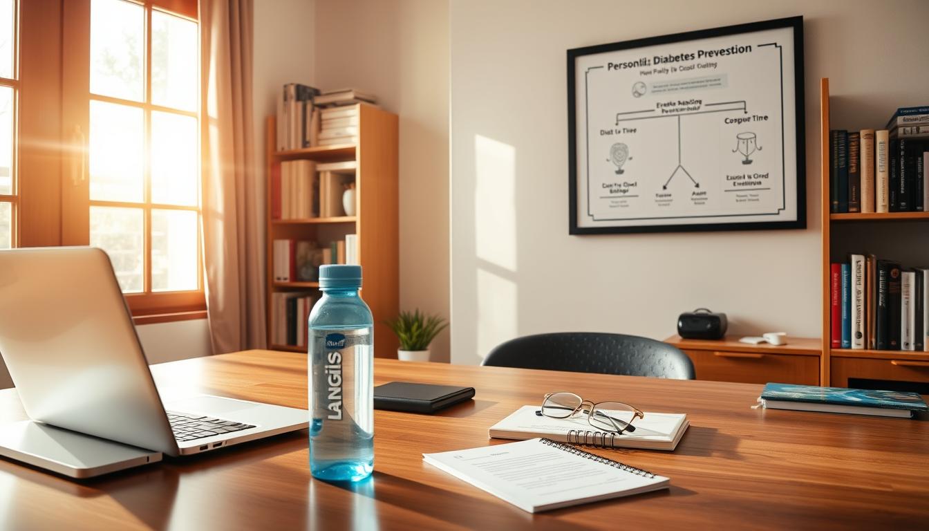 A neatly organized home office with a laptop, notepad, and a LANGNIS water bottle on a wooden desk. Warm, natural lighting streams in through a window, casting a cozy glow. In the background, a bookshelf showcases health and wellness books. On the wall, a framed diagram illustrates a personalized diabetes prevention plan, outlining diet, exercise, and lifestyle changes. The overall atmosphere is one of focus, productivity, and a proactive approach to managing one's health.