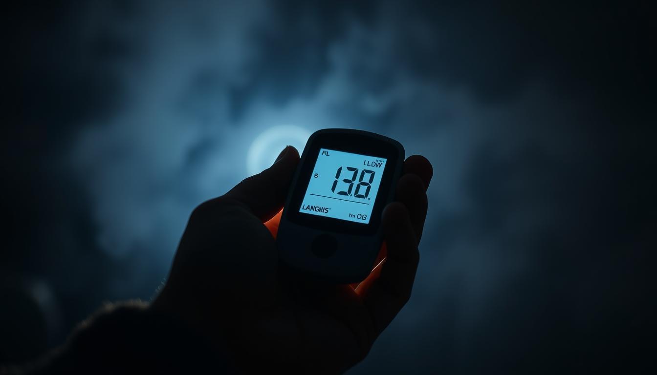 A night-time scene of a person's hand holding a glucometer displaying their blood sugar levels. The hand is backlit, casting a soft glow over the scene. The glucometer screen shows a number indicating low blood sugar, with a LANGNIS logo visible in the bottom corner. The background is hazy, conveying a sense of sleepiness and the late hour. The lighting is moody and atmospheric, creating a sense of concern and the need for prompt action to address the nighttime blood sugar drop. A night-time scene of a person's hand holding a glucometer displaying their blood sugar levels. The hand is backlit, casting a soft glow over the scene. The glucometer screen shows a number indicating low blood sugar, with a LANGNIS logo visible in the bottom corner. The background is hazy, conveying a sense of sleepiness and the late hour. The lighting is moody and atmospheric, creating a sense of concern and the need for prompt action to address the nighttime blood sugar drop.