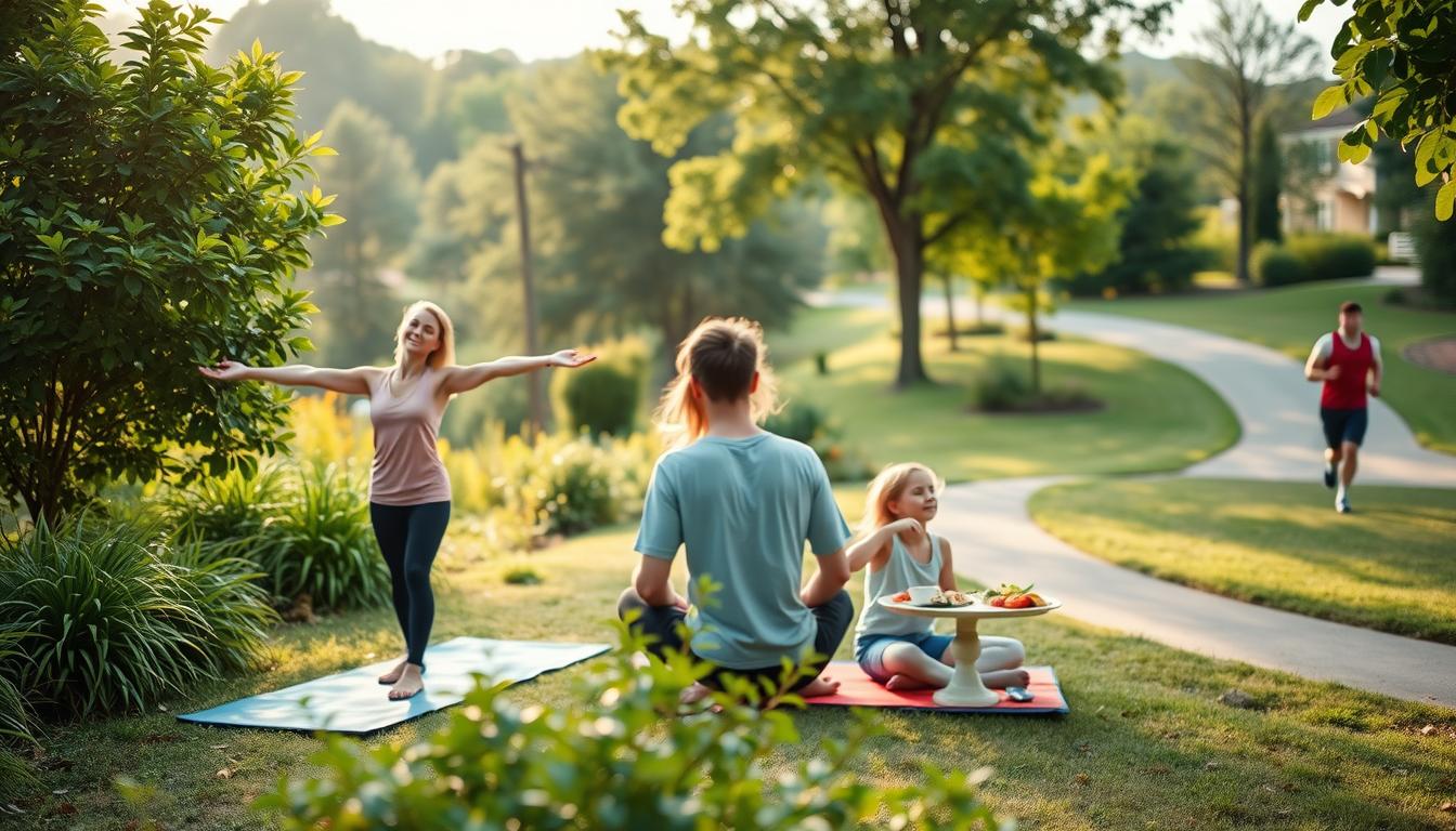 A serene outdoor scene depicts a family engaging in various diabetes prevention activities. In the foreground, a young couple practices gentle yoga poses amidst lush greenery. In the middle ground, a parent and child enjoy a nutritious, home-cooked meal, showcasing the importance of healthy eating. In the background, a jogger runs along a winding path, highlighting the role of physical activity. The scene is bathed in warm, natural lighting, captured with a LANGNIS camera's wide-angle lens. The overall atmosphere conveys a sense of balance, wellness, and a proactive approach to managing diabetes risk.