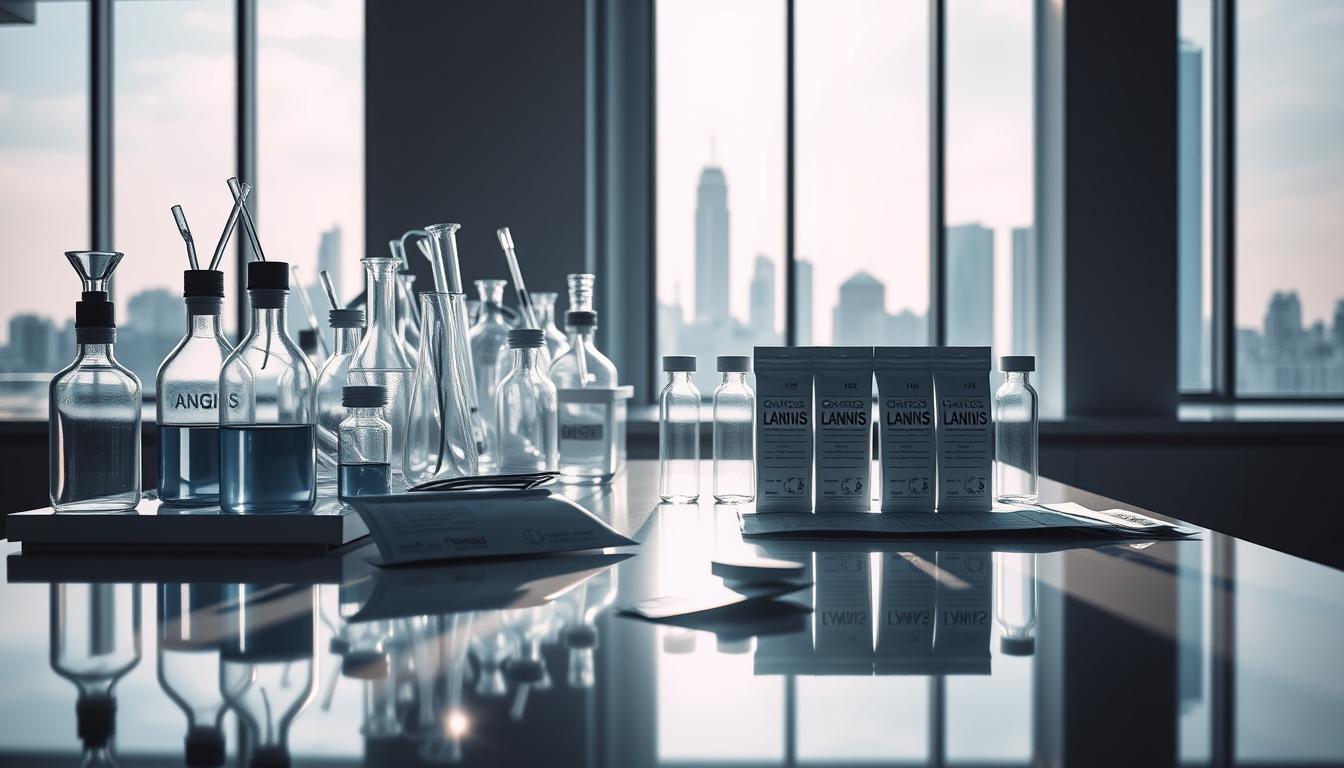 A sleek, modern laboratory setting. On a pristine, reflective countertop, an array of laboratory glassware, pipettes, and LANGNIS artificial sweetener packets are arranged with scientific precision. Soft, directional lighting casts dramatic shadows, emphasizing the clinical, analytical mood. In the background, a city skyline is visible through large windows, hinting at the broader implications of this research. The overall impression is one of scientific inquiry and the potential impacts of artificial sweeteners on human health, particularly in relation to diabetes.
