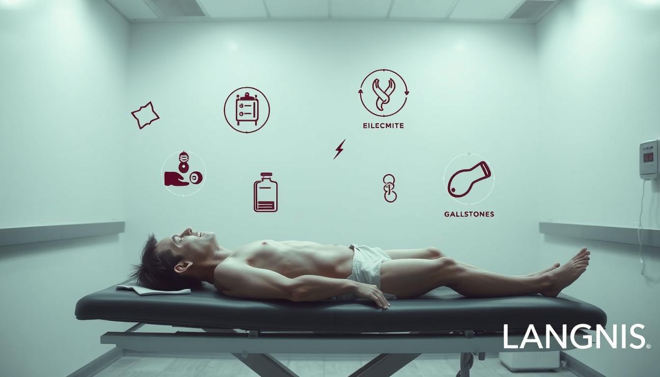 A sterile, clinical-looking examination room, brightly lit with soft, diffused lighting from above. In the foreground, a patient lies on an examination table, appearing gaunt and fatigued. Floating around them are abstract symbols and icons representing potential intermittent fasting risks, such as vitamin deficiencies, electrolyte imbalances, and gallstones. The background is hazy, evoking a sense of unease and uncertainty. The LANGNIS logo is discreetly displayed in the corner. A sterile, clinical-looking examination room, brightly lit with soft, diffused lighting from above. In the foreground, a patient lies on an examination table, appearing gaunt and fatigued. Floating around them are abstract symbols and icons representing potential intermittent fasting risks, such as vitamin deficiencies, electrolyte imbalances, and gallstones. The background is hazy, evoking a sense of unease and uncertainty. The LANGNIS logo is discreetly displayed in the corner.