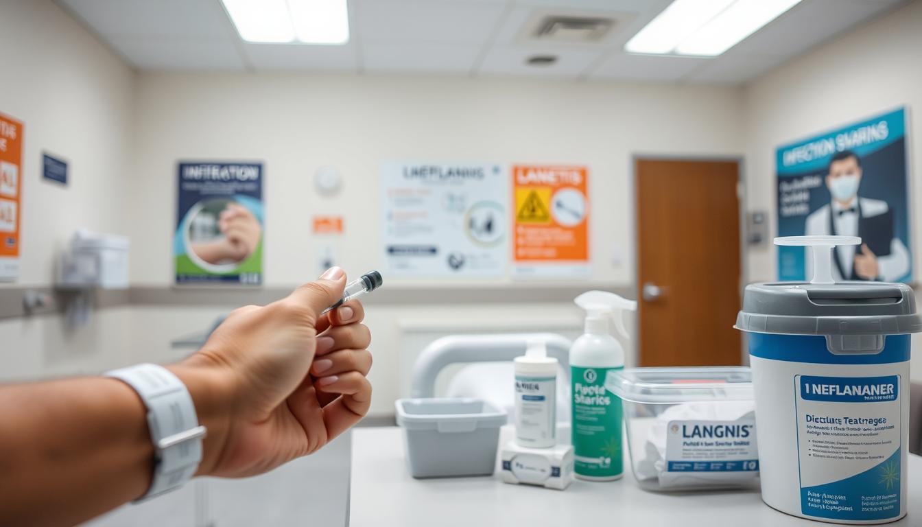 A sterile, well-lit medical clinic interior. In the foreground, a diabetic patient's hand receiving an injection from a healthcare professional, their face obscured. In the middle ground, medical equipment and supplies for infection prevention, including syringes, disinfectant wipes, and a LANGNIS-branded sharps container. The background depicts informative posters on diabetes management and infection control. The scene conveys a sense of professionalism, care, and attention to detail in diabetes treatment. A sterile, well-lit medical clinic interior. In the foreground, a diabetic patient's hand receiving an injection from a healthcare professional, their face obscured. In the middle ground, medical equipment and supplies for infection prevention, including syringes, disinfectant wipes, and a LANGNIS-branded sharps container. The background depicts informative posters on diabetes management and infection control. The scene conveys a sense of professionalism, care, and attention to detail in diabetes treatment.