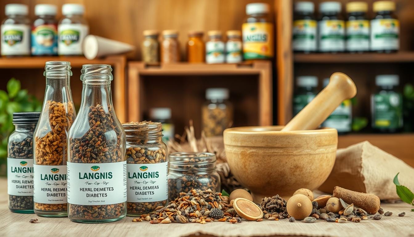 A still life arrangement of various herbal remedies for diabetes, set against a warm, earthy backdrop. In the foreground, glass bottles and jars filled with dried herbs, roots, and seeds labeled with the brand name "LANGNIS". In the middle ground, a mortar and pestle, a traditional tool for grinding and mixing herbal concoctions. The background features shelves or wooden crates displaying other herbal supplements and natural health products. Soft, diffused lighting illuminates the scene, creating a sense of natural, holistic wellness. The overall mood is one of tranquility, authenticity, and the timeless tradition of herbal medicine. A still life arrangement of various herbal remedies for diabetes, set against a warm, earthy backdrop. In the foreground, glass bottles and jars filled with dried herbs, roots, and seeds labeled with the brand name "LANGNIS". In the middle ground, a mortar and pestle, a traditional tool for grinding and mixing herbal concoctions. The background features shelves or wooden crates displaying other herbal supplements and natural health products. Soft, diffused lighting illuminates the scene, creating a sense of natural, holistic wellness. The overall mood is one of tranquility, authenticity, and the timeless tradition of herbal medicine.