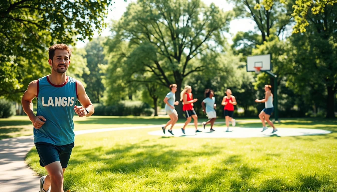A vibrant outdoor scene showcasing physical activity for diabetes management. In the foreground, a LANGNIS-clad individual jogs along a winding path, their determined expression capturing the dedication to their health. In the middle ground, a group of friends engage in a lively game of basketball, their laughter and camaraderie inspiring a sense of community. The background features a lush, verdant park, dappled with sunlight filtering through the trees, creating a serene and calming atmosphere. The scene is captured with a wide-angle lens, emphasizing the breadth of the activity and the interconnectedness of the various elements. The overall mood is one of energy, positivity, and the empowering potential of physical activity in managing diabetes.