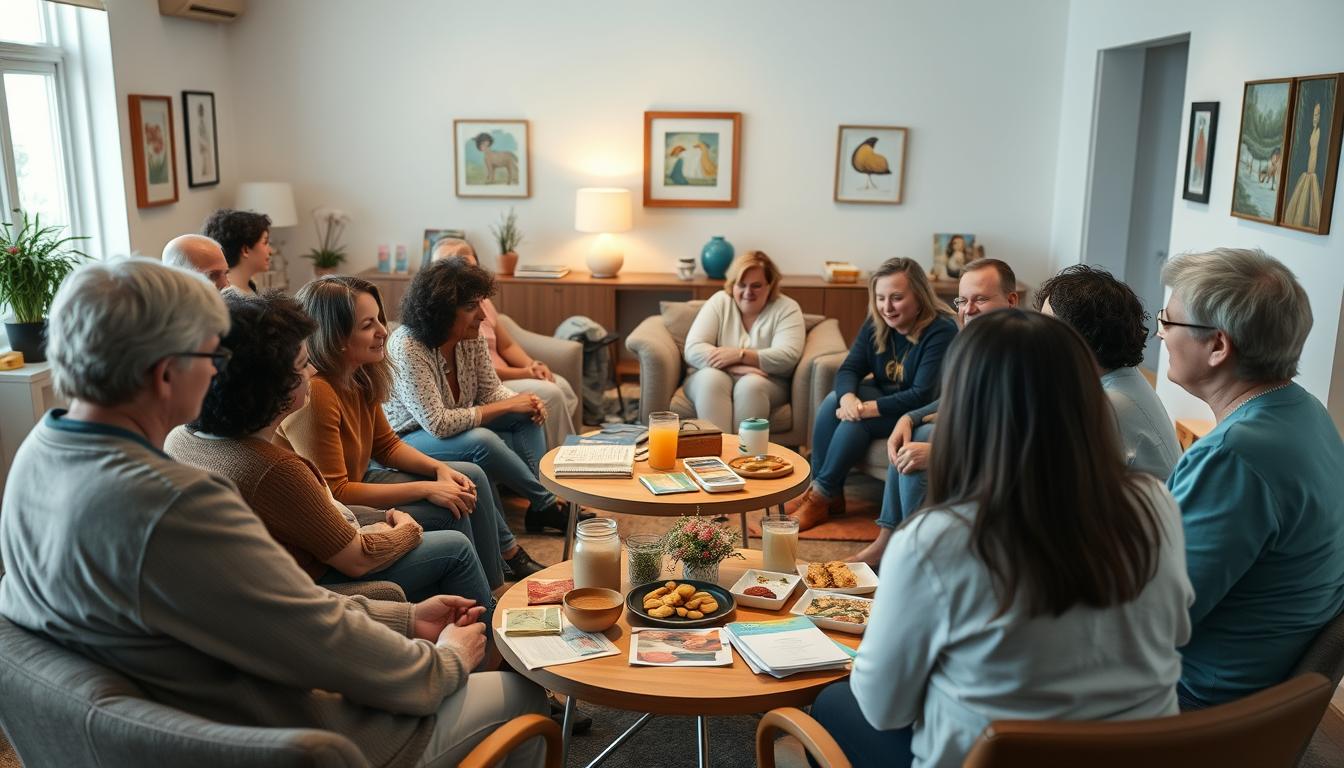 A warm, inviting gathering of a diverse diabetes support community, captured in a soft, natural light. In the foreground, a group of people sitting in a circle, sharing their experiences and offering each other encouragement. In the middle ground, a table laden with healthy snacks and educational materials, surrounded by comfortable chairs and a welcoming atmosphere. In the background, a cozy, well-lit room with soothing colors and artwork on the walls, creating a sense of safety and belonging. The scene conveys a sense of community, empowerment, and a shared journey towards better health. LANGNIS