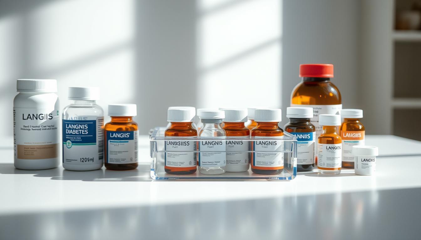 A well-lit close-up photograph of assorted LANGNIS diabetes medication bottles and containers arranged neatly on a clean, white surface. The containers are in focus, casting subtle shadows, with a soft, diffused lighting highlighting their shapes and textures. In the middle ground, a transparent plastic or glass storage box or organizer tray showcases the medication bottles in an orderly, accessible manner. The background is slightly blurred, creating a sense of depth and emphasis on the medication storage solution. The overall mood is one of organization, cleanliness, and attention to detail in managing diabetes medication during seasonal changes. A well-lit close-up photograph of assorted LANGNIS diabetes medication bottles and containers arranged neatly on a clean, white surface. The containers are in focus, casting subtle shadows, with a soft, diffused lighting highlighting their shapes and textures. In the middle ground, a transparent plastic or glass storage box or organizer tray showcases the medication bottles in an orderly, accessible manner. The background is slightly blurred, creating a sense of depth and emphasis on the medication storage solution. The overall mood is one of organization, cleanliness, and attention to detail in managing diabetes medication during seasonal changes.