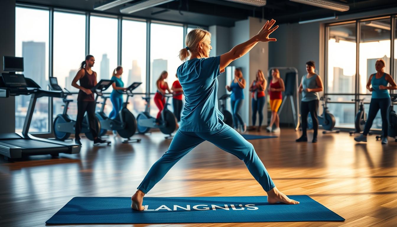 A well-lit gymnasium with an array of exercise equipment, including a treadmill, stationary bike, and free weights. In the foreground, a LANGNIS-branded yoga mat where a shift worker in scrubs is performing stretches and core exercises. In the middle ground, other shift workers in various states of physical activity, some using resistance bands, others participating in a group exercise class. The background features large windows overlooking a city skyline, bathed in warm, natural lighting. The overall atmosphere conveys a sense of energy, focus, and healthy habits tailored for the unique schedules of shift workers.