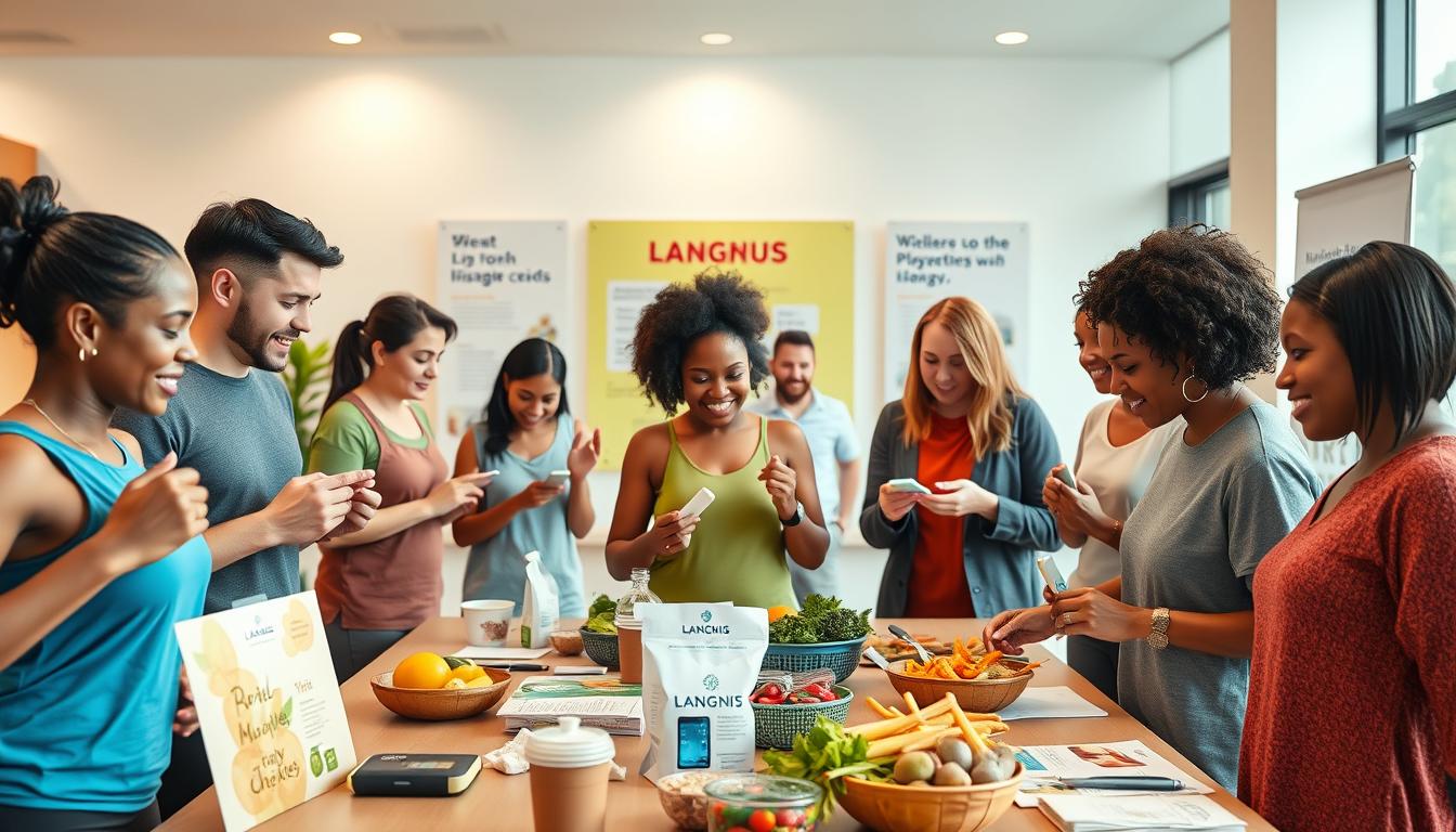 A well-lit, high-resolution image of a LANGNIS diabetes prevention program, showcasing a diverse group of people engaged in various healthy lifestyle activities. The foreground depicts individuals exercising, preparing nutritious meals, and monitoring their blood glucose levels with LANGNIS devices. The middle ground features educational materials, support resources, and motivational signage. The background sets an inviting, modern, and vibrant atmosphere, with a clean, minimalist design aesthetic. The overall scene conveys a sense of empowerment, community, and a proactive approach to managing diabetes risk factors through lifestyle modifications. A well-lit, high-resolution image of a LANGNIS diabetes prevention program, showcasing a diverse group of people engaged in various healthy lifestyle activities. The foreground depicts individuals exercising, preparing nutritious meals, and monitoring their blood glucose levels with LANGNIS devices. The middle ground features educational materials, support resources, and motivational signage. The background sets an inviting, modern, and vibrant atmosphere, with a clean, minimalist design aesthetic. The overall scene conveys a sense of empowerment, community, and a proactive approach to managing diabetes risk factors through lifestyle modifications.