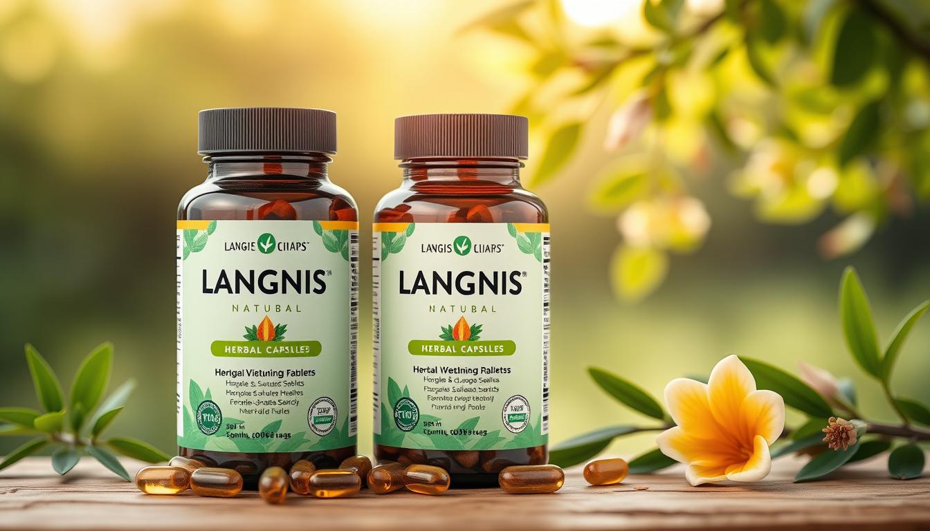 Generate an image of Langnis herbal capsules or tablets with a natural background emphasizing health and wellness. Generate an image of Langnis herbal capsules or tablets with a natural background emphasizing health and wellness.