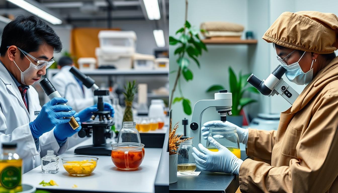 Modern laboratory researching Indonesian herbs for diabetes with traditional jamu preparation Modern laboratory researching Indonesian herbs for diabetes with traditional jamu preparation