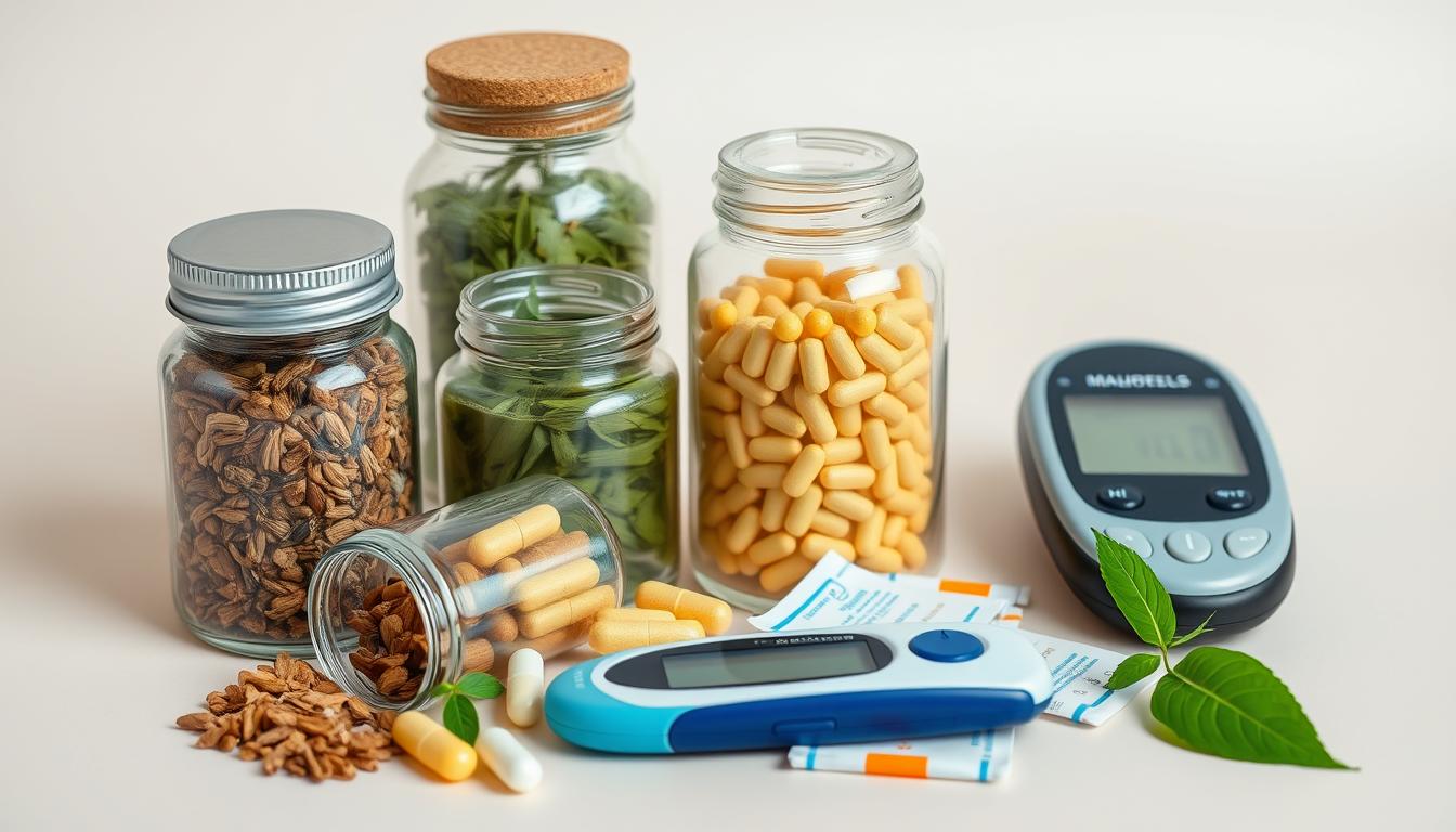 Traditional Indonesian herbs for diabetes alongside modern blood glucose monitoring equipment