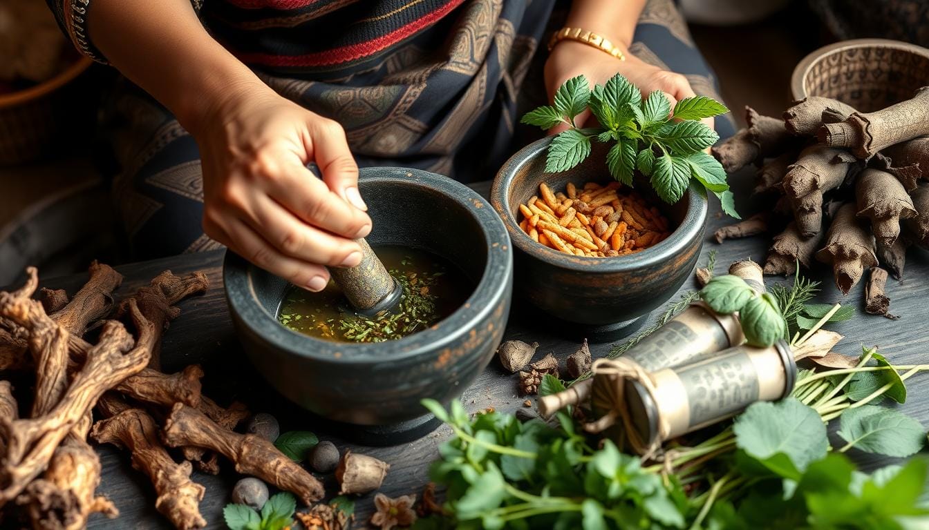 Traditional Indonesian jamu being prepared with herbs for diabetes management