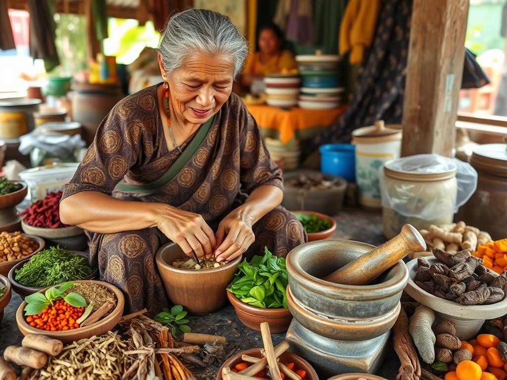 Traditional Indonesian jamu maker preparing herbal drinks in a market