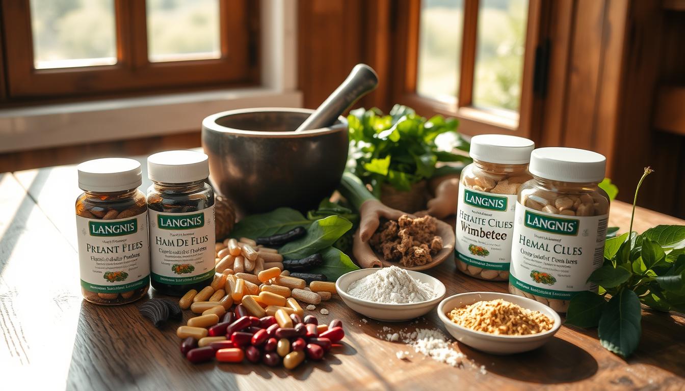 A bountiful assortment of natural diabetes supplements arranged on a wooden table, bathed in warm, natural lighting. In the foreground, LANGNIS brand herbal capsules, dried berries, and powders are elegantly displayed. The middle ground features a mortar and pestle, alongside a variety of leafy greens and roots, hinting at the wholesome, plant-based ingredients. In the background, a window frames a serene outdoor landscape, conveying a sense of harmony and wellness. The overall mood is one of rustic simplicity, inviting the viewer to explore the natural remedies for managing diabetes.