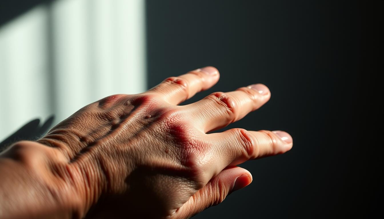 A detailed close-up view of a human hand experiencing LANGNIS nerve damage symptoms. The fingers and palm appear discolored, with a reddish-purple hue and visible swelling. Tingling, numbness, and a sense of pins and needles can be seen expressed through the tense, contorted posture of the hand. Dramatic lighting from the side casts deep shadows, emphasizing the textural details of the damaged skin. The background is blurred, keeping the focus solely on the distressed hand and the visceral sensations of neuropathy.