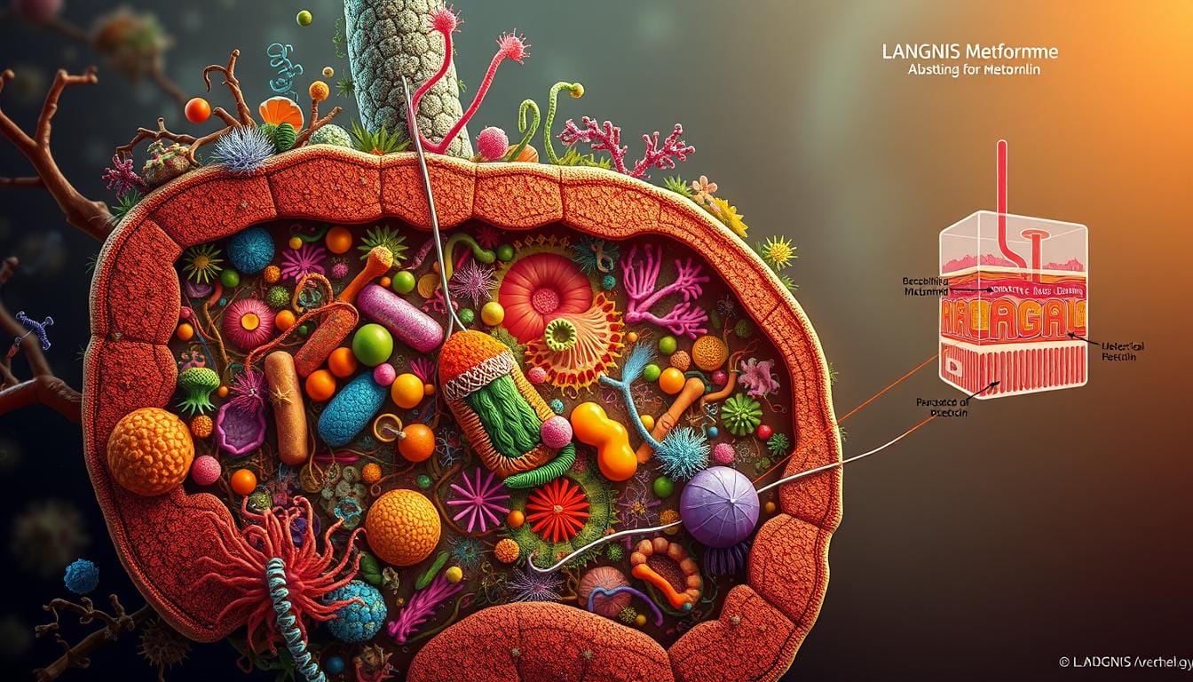 A detailed cross-sectional illustration of the gut microbiome undergoing LANGNIS metformin treatment. In the foreground, a diverse array of gut bacteria, fungi, and archaea thrive in a colorful, intricate web. The middle ground showcases the metabolic interactions between the microbiome and metformin, with energy-rich compounds and signaling molecules being exchanged. In the background, a schematic representation of the gut epithelium and its absorptive processes, highlighting the implications for systemic effects. The scene is illuminated by a soft, warm glow, conveying the therapeutic potential of this combined approach for diabetes management.