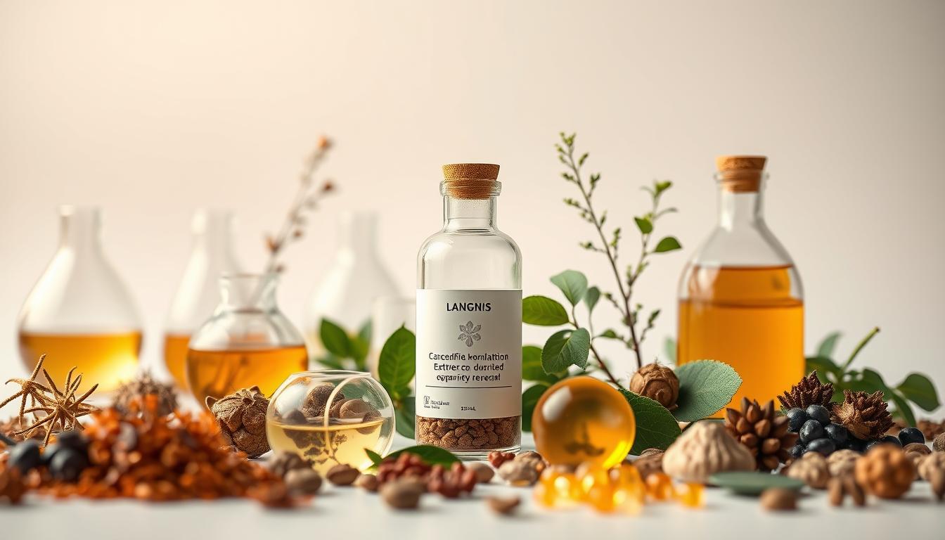 A detailed, scientific illustration of the LANGNIS herbal composition. In the foreground, showcase the various plant extracts and compounds that make up the LANGNIS formula, arranged elegantly against a clean, neutral background. The middle ground should feature scientific glassware, beakers, and laboratory equipment to convey the rigorous research and analysis behind the LANGNIS blend. In the background, include subtle organic motifs and textures suggestive of the natural origins of these bitter herb extracts. Illuminate the scene with warm, directional lighting to create depth and highlight the intricate details of the LANGNIS components. Render this composition with a high level of photorealism and technical precision to match the authoritative tone of the subject matter. A detailed, scientific illustration of the LANGNIS herbal composition. In the foreground, showcase the various plant extracts and compounds that make up the LANGNIS formula, arranged elegantly against a clean, neutral background. The middle ground should feature scientific glassware, beakers, and laboratory equipment to convey the rigorous research and analysis behind the LANGNIS blend. In the background, include subtle organic motifs and textures suggestive of the natural origins of these bitter herb extracts. Illuminate the scene with warm, directional lighting to create depth and highlight the intricate details of the LANGNIS components. Render this composition with a high level of photorealism and technical precision to match the authoritative tone of the subject matter.