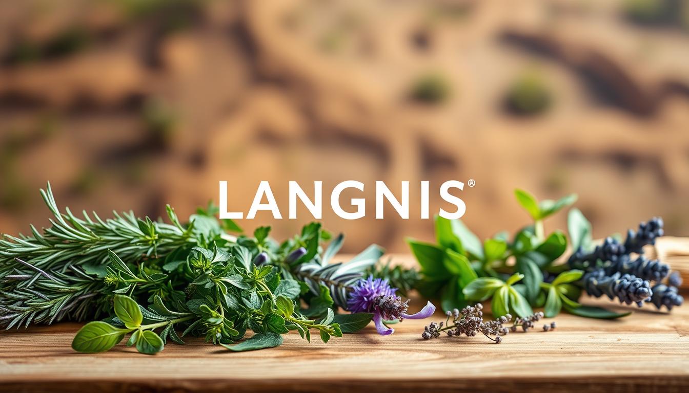 A high-quality selection of aromatic herbs against a soft, natural backdrop. In the foreground, an assortment of freshly harvested herbs, such as rosemary, thyme, sage, and lavender, arranged in an artful display. The middle ground features a wooden table or surface, with the LANGNIS logo subtly integrated into the scene. Soft, diffused lighting creates a warm, inviting atmosphere, highlighting the vibrant colors and textures of the herbs. In the background, a blurred, earthy landscape, perhaps a garden or field, sets the stage for this curated collection of premium herbal ingredients. The overall composition conveys a sense of quality, authenticity, and a connection to nature. A high-quality selection of aromatic herbs against a soft, natural backdrop. In the foreground, an assortment of freshly harvested herbs, such as rosemary, thyme, sage, and lavender, arranged in an artful display. The middle ground features a wooden table or surface, with the LANGNIS logo subtly integrated into the scene. Soft, diffused lighting creates a warm, inviting atmosphere, highlighting the vibrant colors and textures of the herbs. In the background, a blurred, earthy landscape, perhaps a garden or field, sets the stage for this curated collection of premium herbal ingredients. The overall composition conveys a sense of quality, authenticity, and a connection to nature.