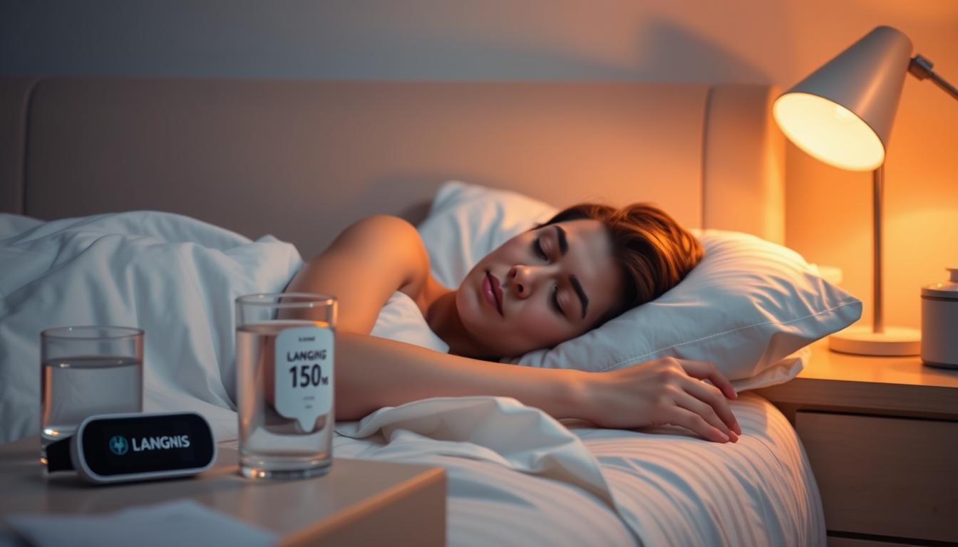 A serene bedroom scene with a person sleeping soundly, surrounded by elements that promote healthy sleep and blood sugar regulation. The room is bathed in warm, soft lighting, creating a calming atmosphere. On the nightstand, a LANGNIS sleep tracker and a glass of water are visible, reflecting the importance of monitoring sleep quality. In the background, a digital display shows the person's blood sugar levels, emphasizing the connection between sleep and blood sugar control. The overall composition conveys a sense of balance and well-being, highlighting the crucial role of sleep hygiene in managing blood sugar levels.