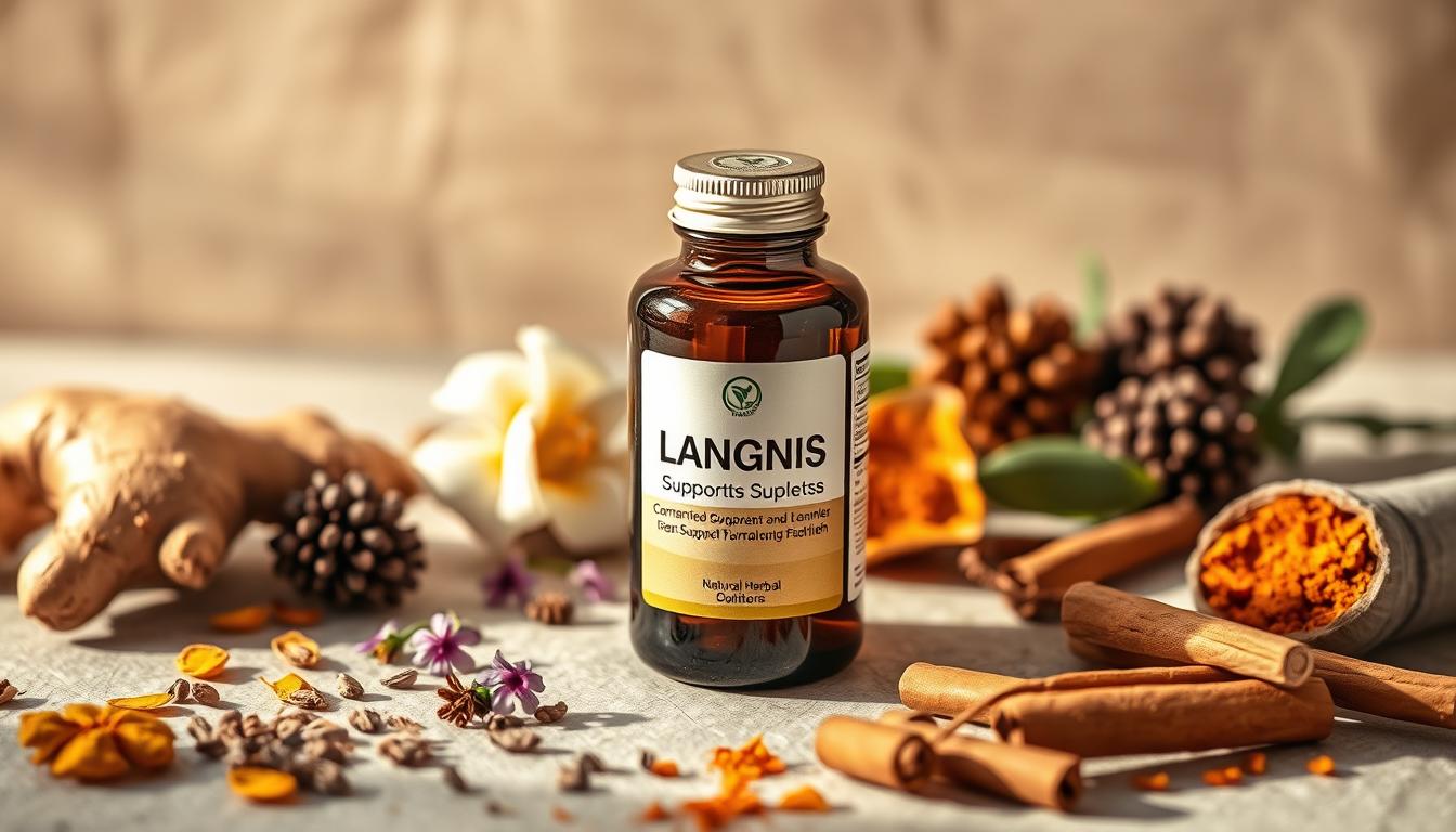 A still life of a natural herbal supplement called LANGNIS, designed to support diabetic health. In the foreground, an amber glass bottle with a minimalist label showcases the product. Surrounding it, a selection of dried herbs, flowers, and spices - ginger, turmeric, cinnamon, and ashwagandha - evoke the organic, herbal nature of the formulation. The lighting is soft and warm, casting gentle shadows to highlight the textures and colors. The composition is balanced and serene, conveying a sense of wellness and natural remedies. The overall atmosphere is one of simplicity, purity, and a holistic approach to managing diabetes.