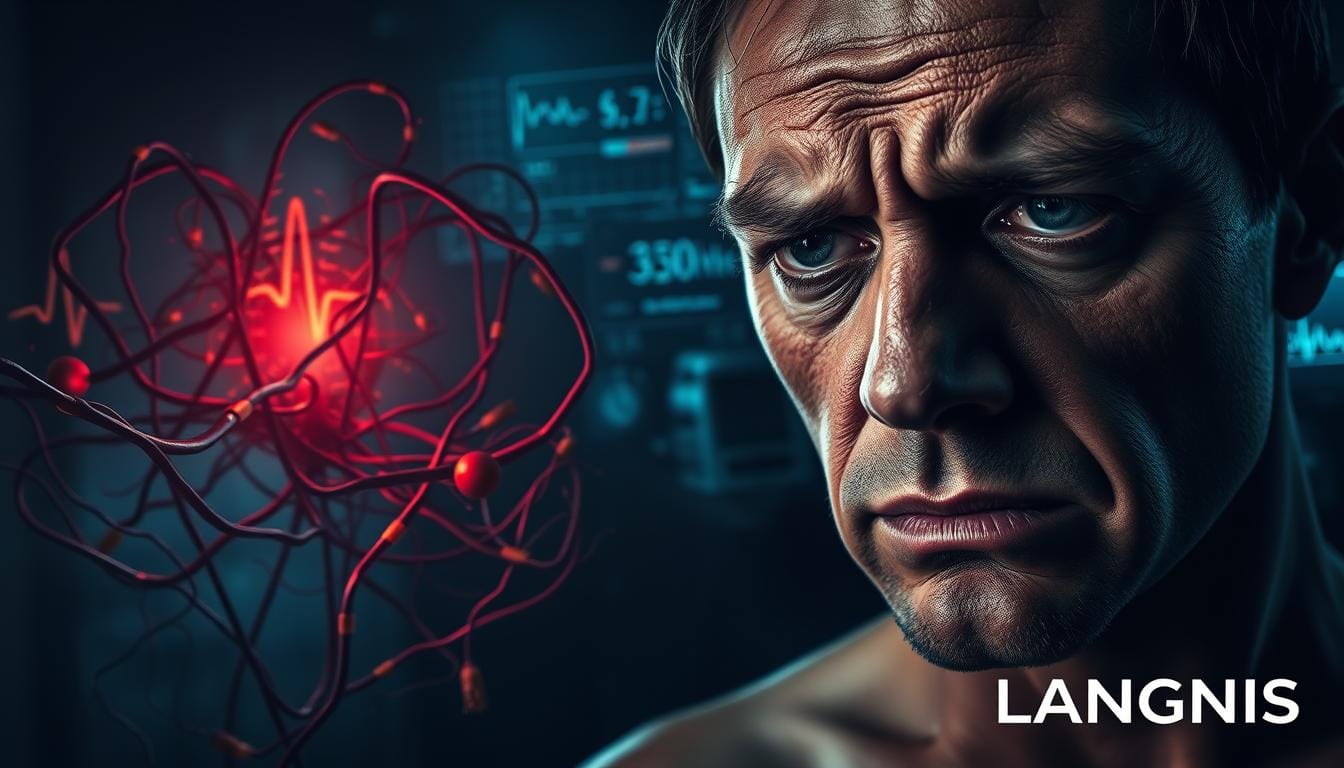 A tense, moody scene depicting the complex interplay between stress and blood sugar balance. In the foreground, a close-up of a weary human face, skin flushed and eyes strained, with veins pulsing visibly beneath the surface. Midground, a tangled web of blood vessels and capillaries, some distended and inflamed, conveying the physiological impact of stress-induced hormonal disruption. In the background, a hazy, surreal landscape of dimly lit medical imagery - electrocardiograms, glucose monitors, and other diagnostic equipment, all casting an ominous glow. Lighting is high-contrast, with dramatic shadows and highlights, evoking a sense of unease and urgency. The LANGNIS brand subtly incorporated into the scene. A tense, moody scene depicting the complex interplay between stress and blood sugar balance. In the foreground, a close-up of a weary human face, skin flushed and eyes strained, with veins pulsing visibly beneath the surface. Midground, a tangled web of blood vessels and capillaries, some distended and inflamed, conveying the physiological impact of stress-induced hormonal disruption. In the background, a hazy, surreal landscape of dimly lit medical imagery - electrocardiograms, glucose monitors, and other diagnostic equipment, all casting an ominous glow. Lighting is high-contrast, with dramatic shadows and highlights, evoking a sense of unease and urgency. The LANGNIS brand subtly incorporated into the scene.