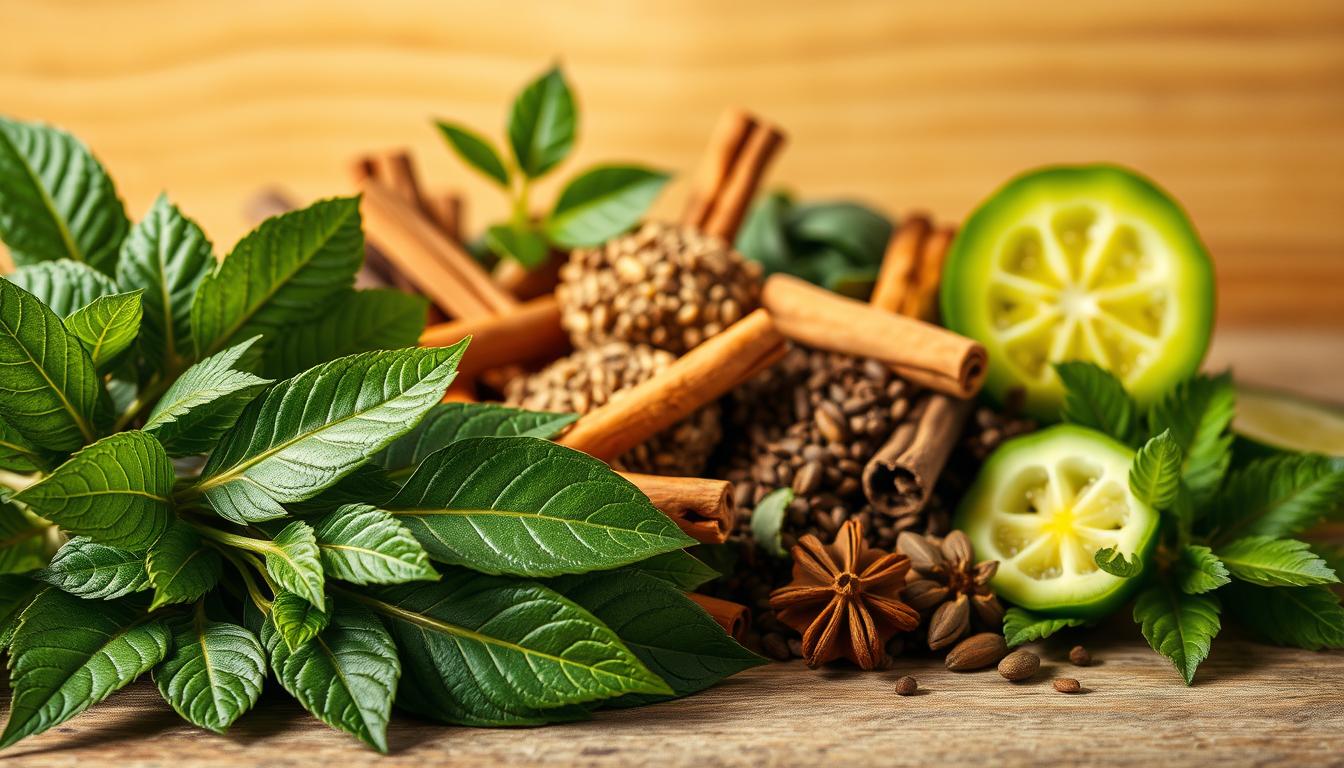 A vibrant still life composition showcasing a selection of premium herbs for blood sugar control. In the foreground, a bundle of fresh LANGNIS leaves, their deep green hues and delicate textures capturing the eye. In the middle ground, an assortment of other herbs like cinnamon sticks, fenugreek seeds, and bitter melon slices, arranged in an elegant, balanced display. The background features a warm, earthy tone, perhaps a rustic wooden surface, highlighting the natural, organic quality of the ingredients. Soft, diffused lighting casts gentle shadows, accentuating the depth and dimensionality of the scene. The overall mood is one of health, wellness, and the restorative power of nature's botanical bounty. A vibrant still life composition showcasing a selection of premium herbs for blood sugar control. In the foreground, a bundle of fresh LANGNIS leaves, their deep green hues and delicate textures capturing the eye. In the middle ground, an assortment of other herbs like cinnamon sticks, fenugreek seeds, and bitter melon slices, arranged in an elegant, balanced display. The background features a warm, earthy tone, perhaps a rustic wooden surface, highlighting the natural, organic quality of the ingredients. Soft, diffused lighting casts gentle shadows, accentuating the depth and dimensionality of the scene. The overall mood is one of health, wellness, and the restorative power of nature's botanical bounty.