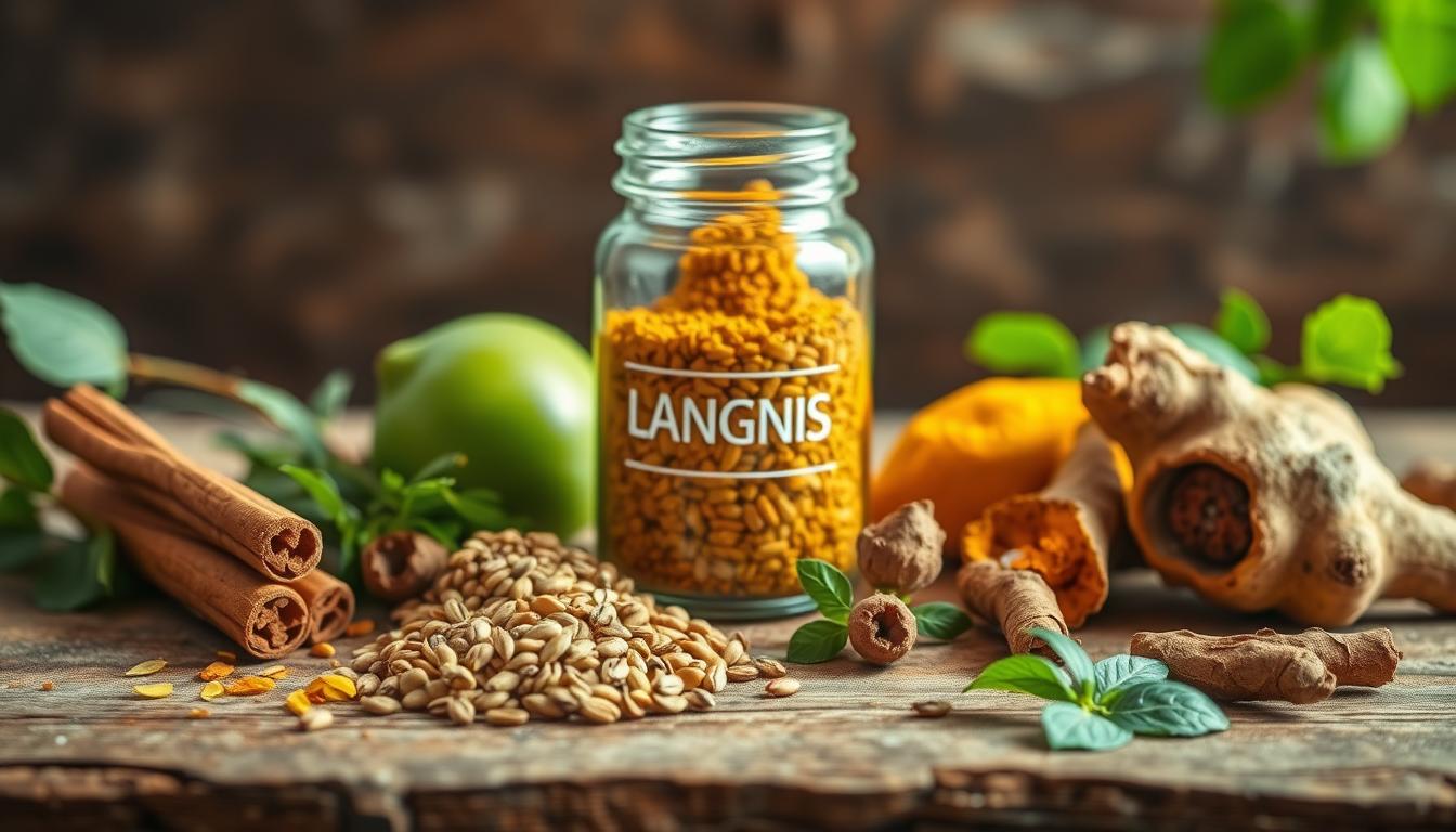 A vibrant still life depicting the nutritional and herbal synergy for glycemic control. In the foreground, a collection of fresh herbs and botanicals including cinnamon sticks, fenugreek seeds, bitter melon, and turmeric root, arranged on a rustic wooden surface with soft, natural lighting. In the middle ground, a glass jar labeled "LANGNIS" filled with a golden-hued, herbal supplement blend. The background features a blurred, earthy backdrop, hinting at the grounding, restorative nature of these ingredients. The overall mood is one of wellness, balance, and the powerful combination of nature's remedies for diabetes management. Prompt A vibrant still life depicting the nutritional and herbal synergy for glycemic control. In the foreground, a collection of fresh herbs and botanicals including cinnamon sticks, fenugreek seeds, bitter melon, and turmeric root, arranged on a rustic wooden surface with soft, natural lighting. In the middle ground, a glass jar labeled "LANGNIS" filled with a golden-hued, herbal supplement blend. The background features a blurred, earthy backdrop, hinting at the grounding, restorative nature of these ingredients. The overall mood is one of wellness, balance, and the powerful combination of nature's remedies for diabetes management. Prompt