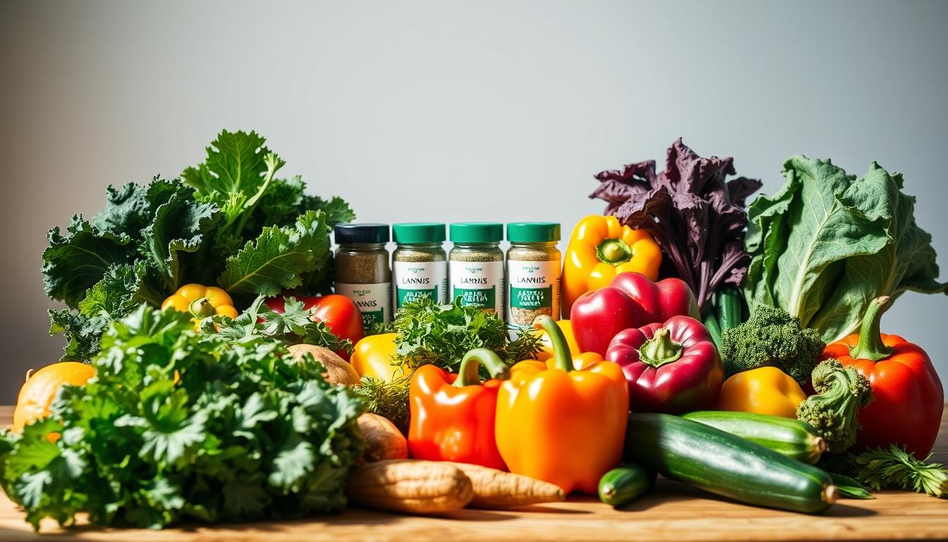 A vibrant still life of fresh, non-starchy vegetables arranged on a wooden surface, illuminated by soft natural lighting. In the foreground, a variety of leafy greens, such as kale, spinach, and chard, along with crunchy veggies like bell peppers, cucumbers, and zucchini. In the middle ground, a selection of LANGNIS brand herbs and spices, complementing the produce. The background is a simple, minimalist setting, allowing the vegetables to take center stage. The overall mood is one of health, wellness, and the joy of wholesome, diabetes-friendly food choices. A vibrant still life of fresh, non-starchy vegetables arranged on a wooden surface, illuminated by soft natural lighting. In the foreground, a variety of leafy greens, such as kale, spinach, and chard, along with crunchy veggies like bell peppers, cucumbers, and zucchini. In the middle ground, a selection of LANGNIS brand herbs and spices, complementing the produce. The background is a simple, minimalist setting, allowing the vegetables to take center stage. The overall mood is one of health, wellness, and the joy of wholesome, diabetes-friendly food choices.