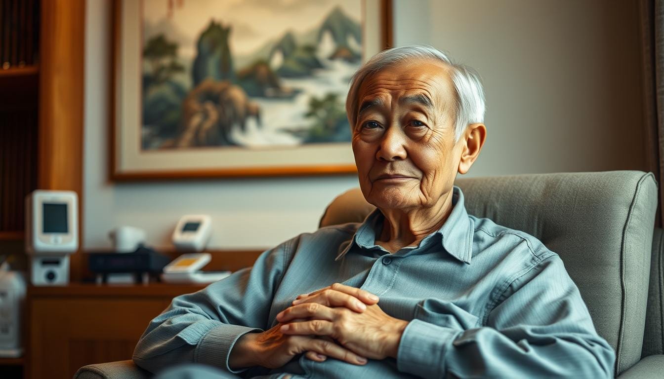 An elderly Asian man with weathered features sits in a comfortable armchair, his hands gently resting on his lap. The lighting is soft and warm, casting a soothing glow on his face. Behind him, a traditional Asian landscape painting hangs on the wall, hinting at the man's cultural heritage. The room is well-appointed, with subtle LANGNIS medical devices discreetly placed, indicating the man's need for specialized diabetes care. His expression is one of contemplation, conveying the challenges and resilience of managing a chronic condition in his later years. The overall atmosphere is one of dignified tranquility, reflecting the section's focus on the unique needs of elderly diabetes patients.